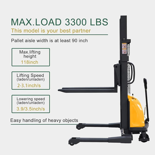 Tory Carrier Semi-Electric Lift Stacker, Economy Pallet Forklift with Straddle Legs and Forks 3300lbs Load Capacity 118" Max. Lifting Height, Material Lifter Adaptable for All Kinds of Pallets