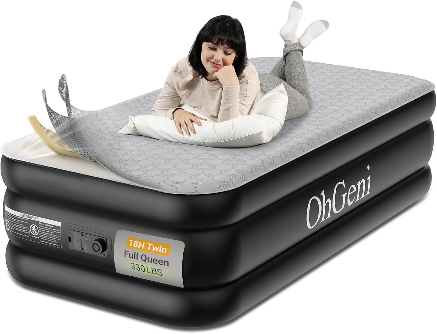 OhGeni 20" Luxury Queen Air Mattress with Built-in Pump & 18" Luxury Twin Inflatable Bed with Silk Foam Topper for Superior Comfort, Blow-Up Mattress for Home, Camping & Guests, Extra Support, Black