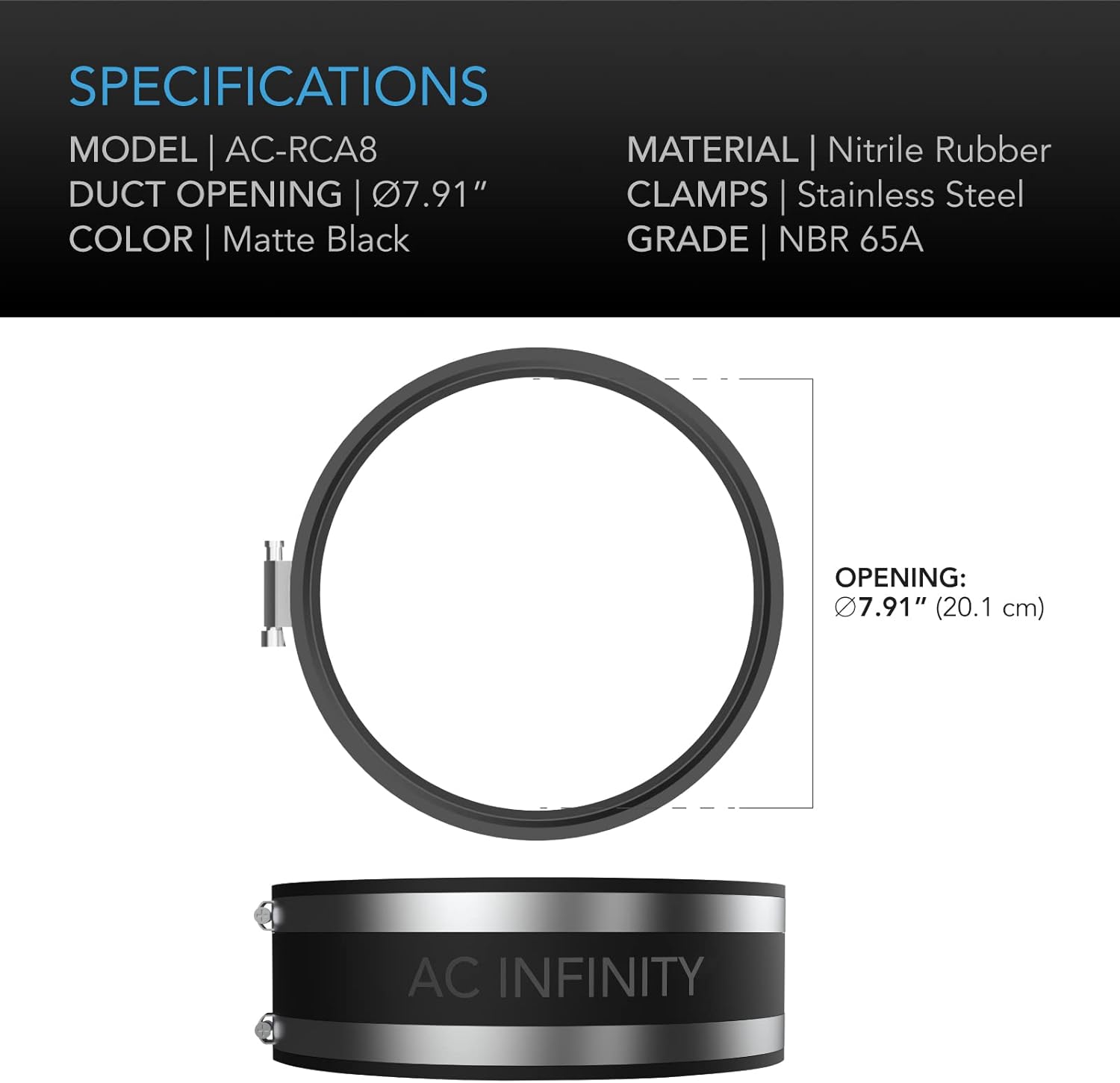 AC Infinity Noise Reduction Clamp 8-Inch, Duct Coupler with Stainless Steel Clamps, Flexible Rubber Coupling for Inline Fans and Carbon Filters in Growing and HVAC