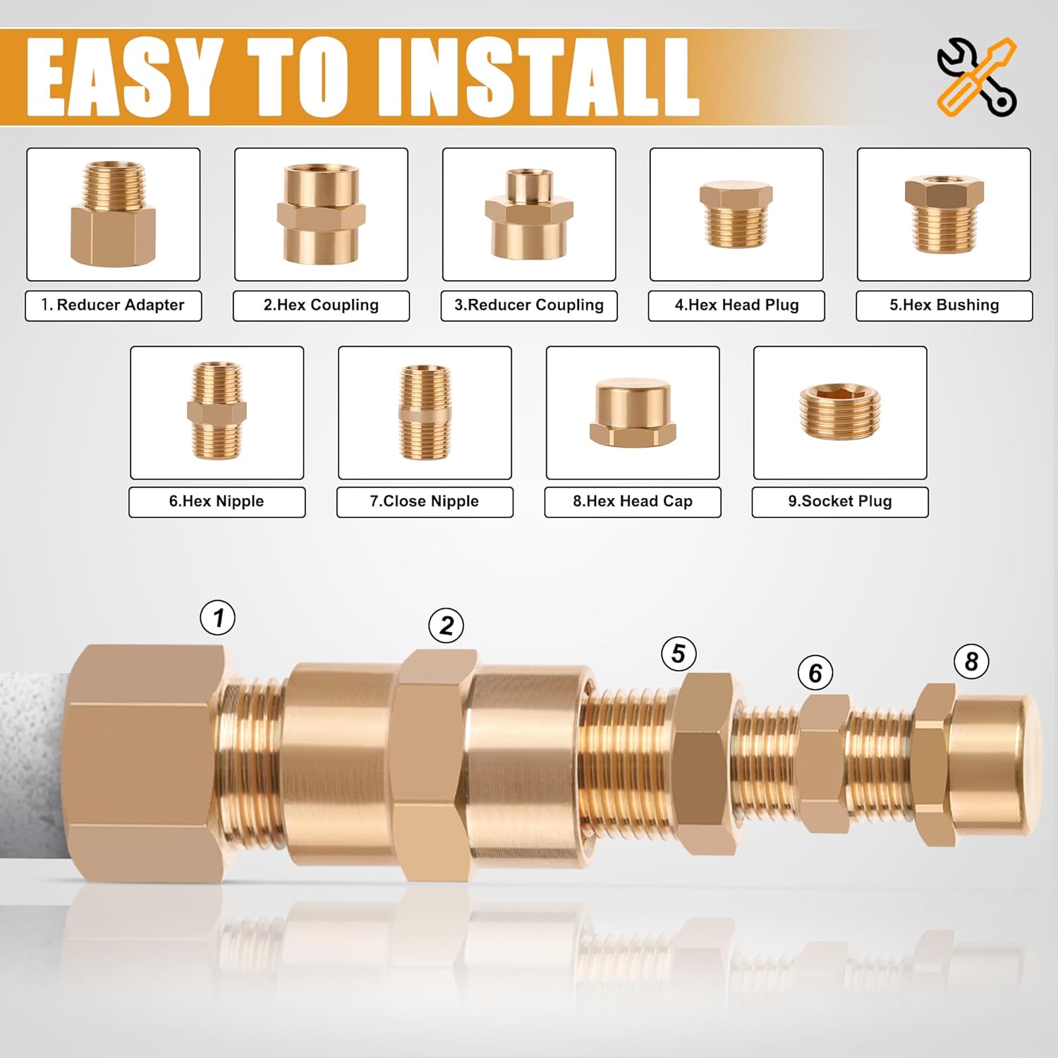 106PCS Brass Pipe Fittings Assortment Kit NPT Extension Adapter,Reducer Bushing,Hex Nipple,Close Nipple,Reducing Hex Coupling,Hex Head Plugs,Hex head Cap,Socket Plug Kit