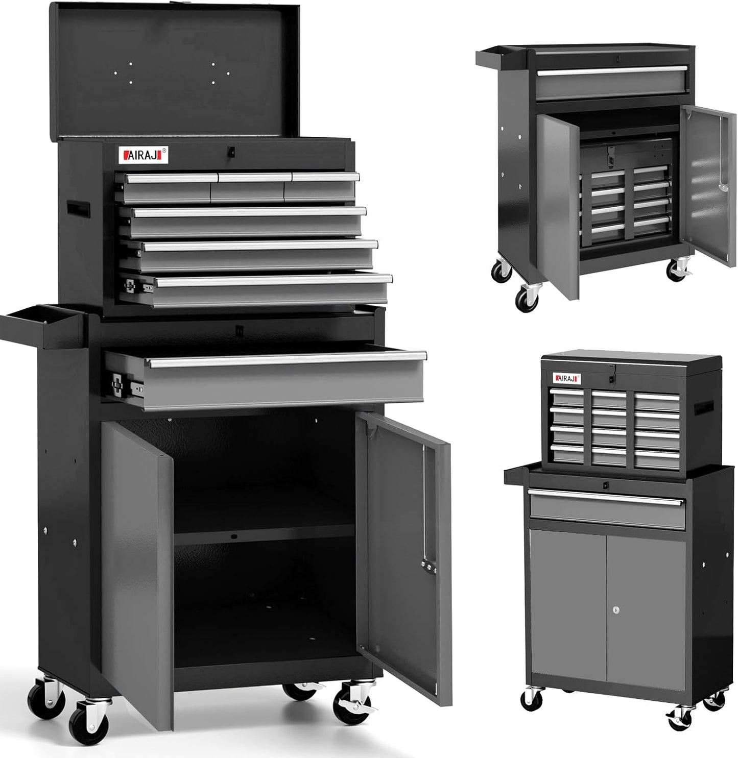 Tool Chest 7-Drawer | 40'' H Rolling Tool Chest with Wheels | Detachable Top Metal Tool Box | Garage Storage Cabinet for Repair Room,Warehouse | Rolling Tool Box with Hooks,Liners,Tray Divider | Black