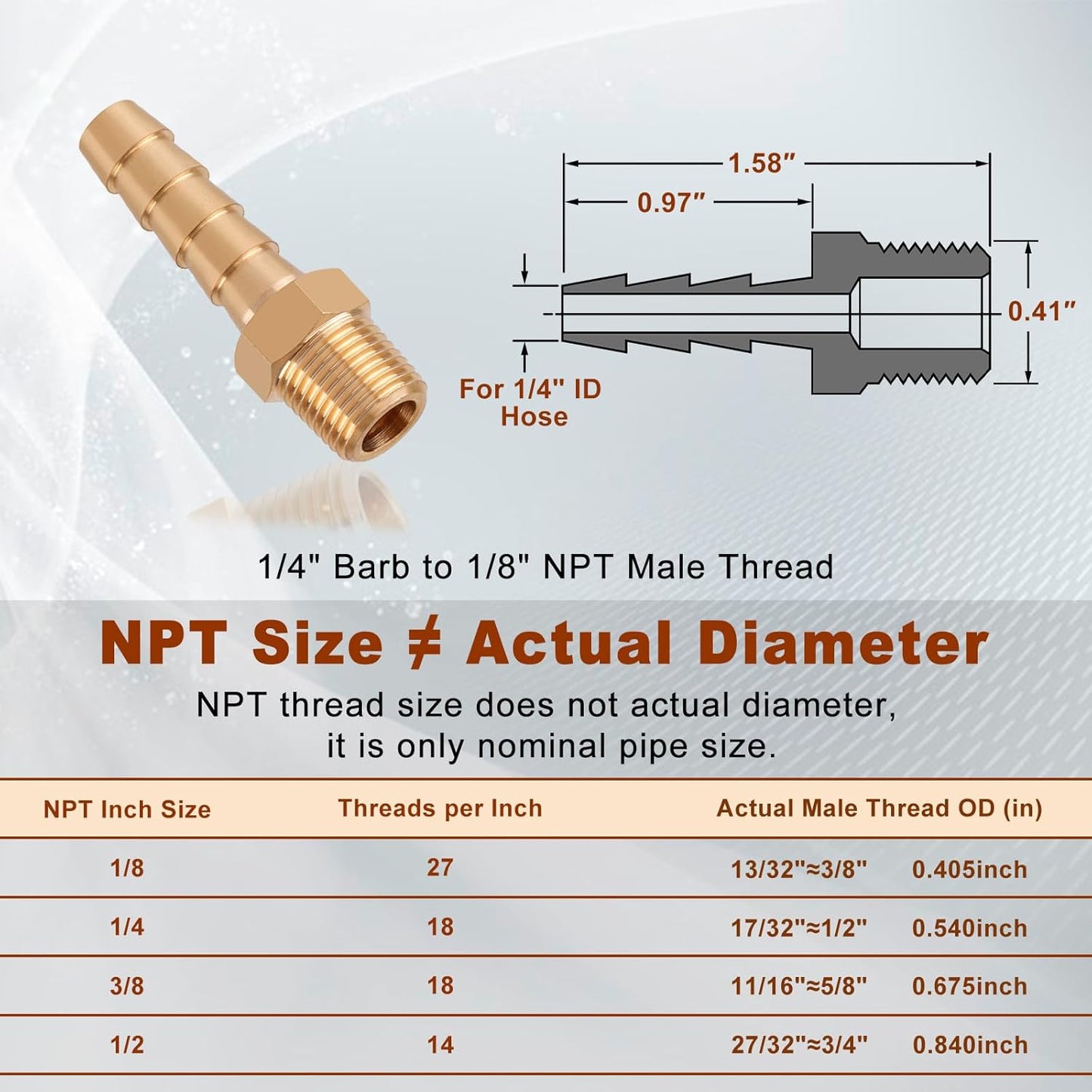 5pcs Brass Hose Barb Fittings 1/4 Inch Barb to 1/8 Inch NPT Male Thread Air Hose Fittings Adapter Connector Water Fuel Air Line Fittings 1/4” Barb × 1/8” NPT Brass Fittings