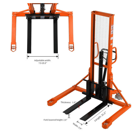 Tory Carrier Manual Stacker Material Lift 63” Lifting Height 1100lbs Capacity with Straddle Legs Hydraulic and Adjustable Forks Forklift