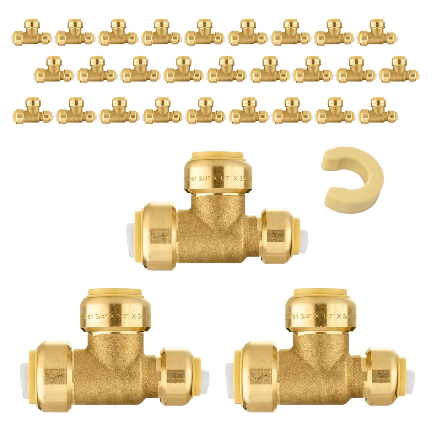 5-Pack Niikappu Pushfit Tee, 3/4"x3/4"x1/2" PEX Brass Push-fit Tee, Push to Connect Plumbing Fittings for PEX, Copper, CPVC, with Disconnect Clip(PF127-5)