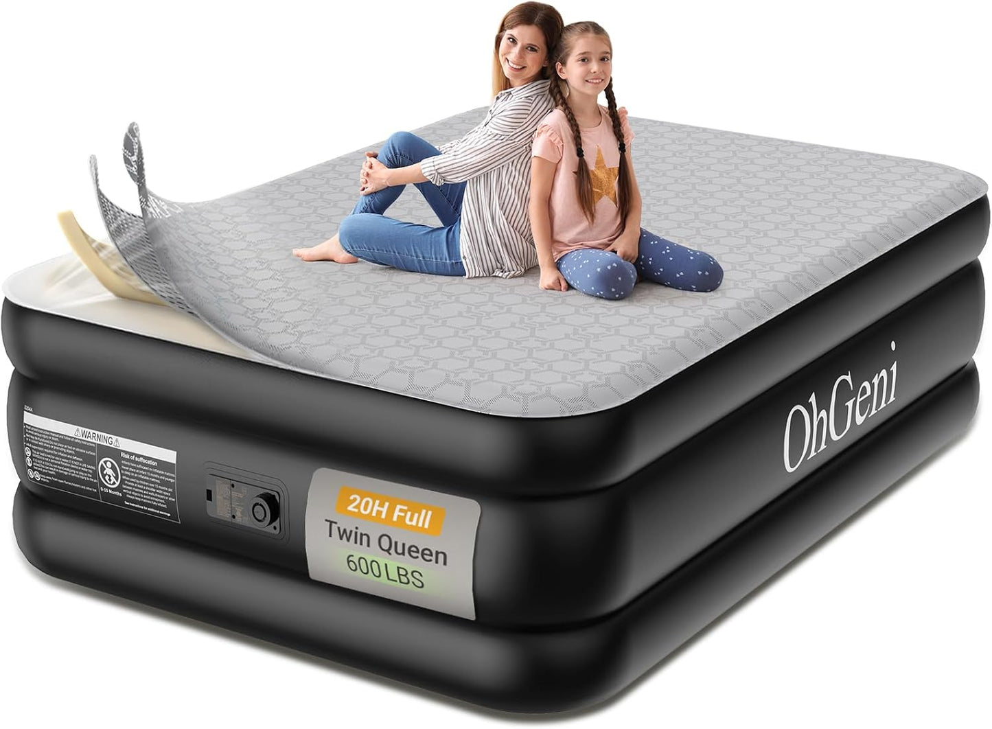 OhGeni 20" Luxury Queen Air Mattress with Built-in Pump & 20" Luxury Full Inflatable Bed with Silk Foam Topper for Superior Comfort, Blow-Up Mattress for Home, Camping & Guests, Extra Support, Black
