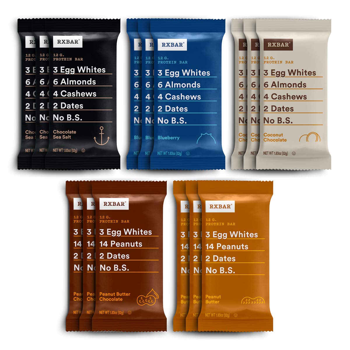 RXBAR Protein Bar, Variety Pack, 10 Flavors, 55oz Box (30 Bars)