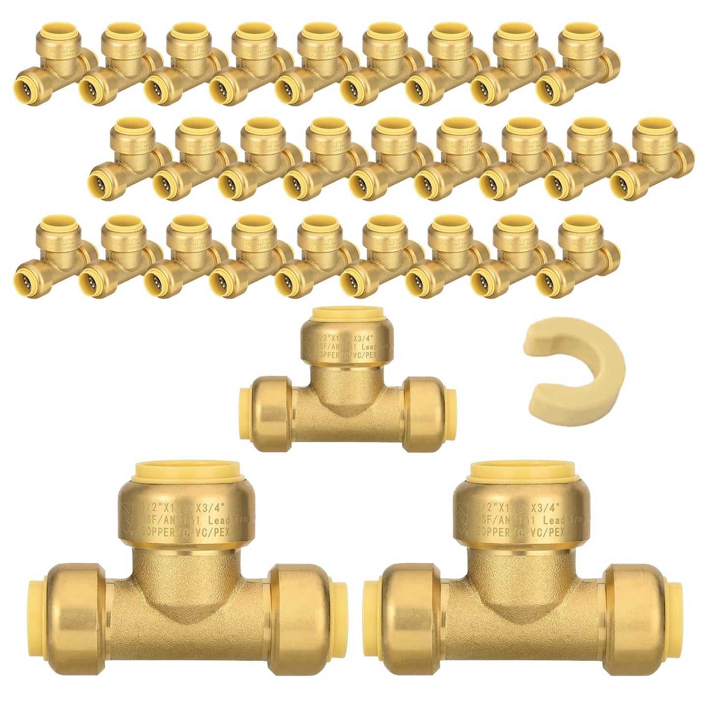 5-Pack Niikappu Pushfit Tee, 3/4"x3/4"x1/2" PEX Brass Push-fit Tee, Push to Connect Plumbing Fittings for PEX, Copper, CPVC, with Disconnect Clip(PF127-5)