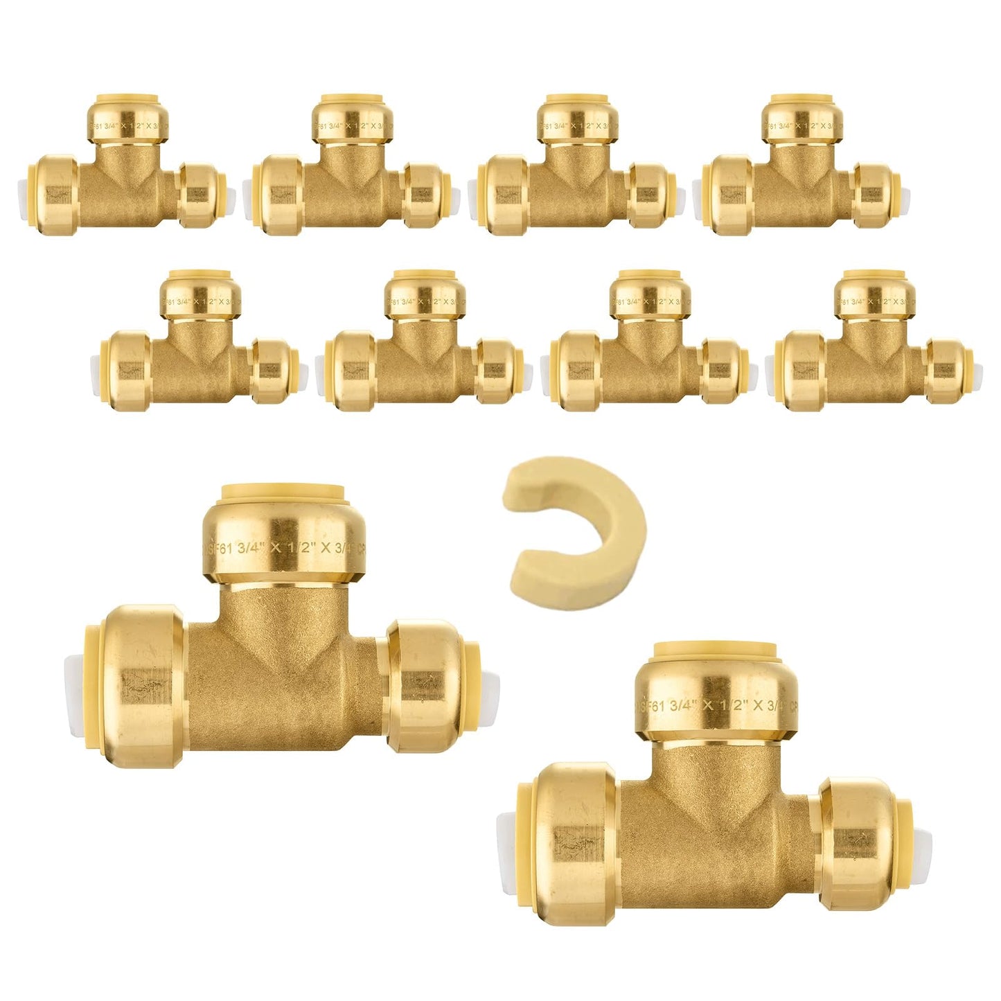5-Pack Niikappu Pushfit Tee, 3/4"x3/4"x1/2" PEX Brass Push-fit Tee, Push to Connect Plumbing Fittings for PEX, Copper, CPVC, with Disconnect Clip(PF127-5)