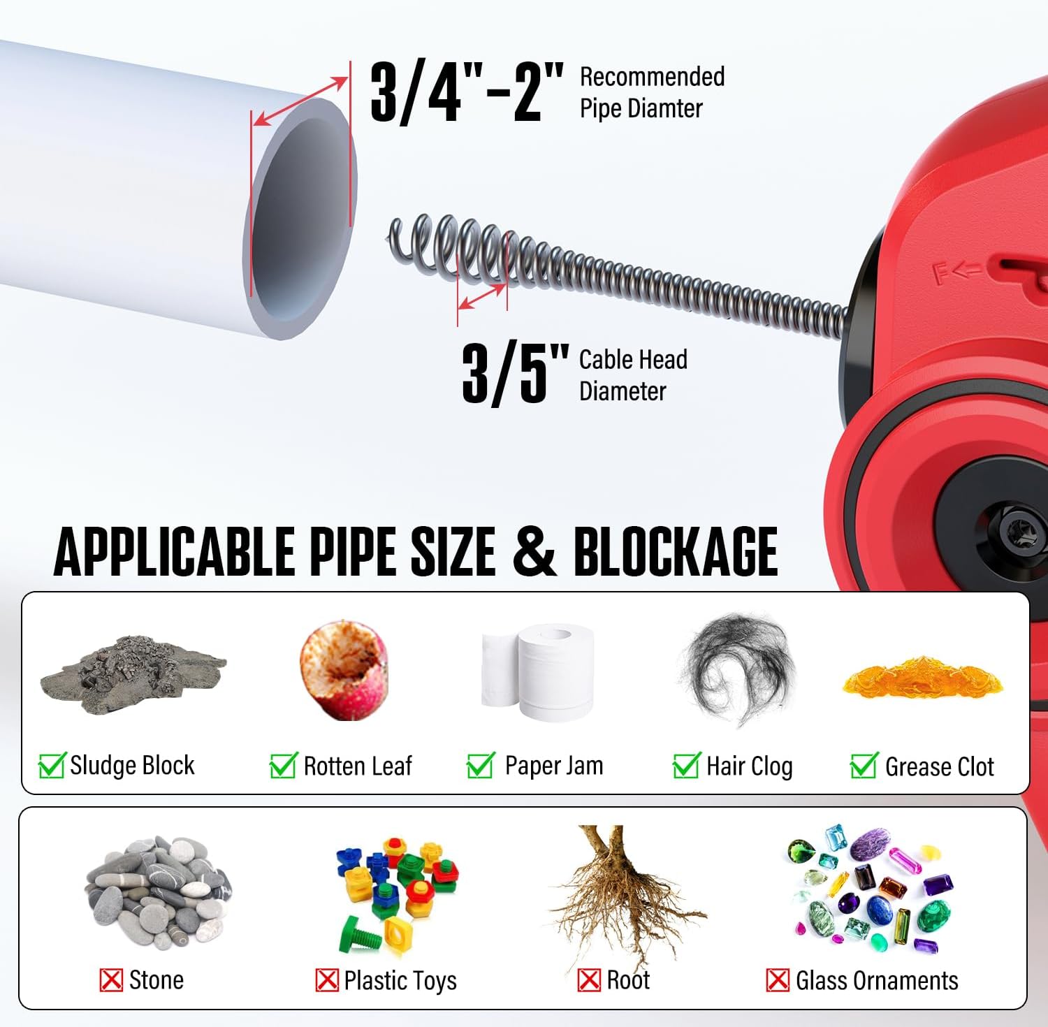 POPULO 20V Cordless Electric Drain Auger-Efficient 25Ft Auto-Feed Drain Snake with Replaceable Cable,2.0Ah Battery,Charger,Storage Bag & Gloves for Kitchen,Bathroom,Shower Pipes (3/4"-2")"