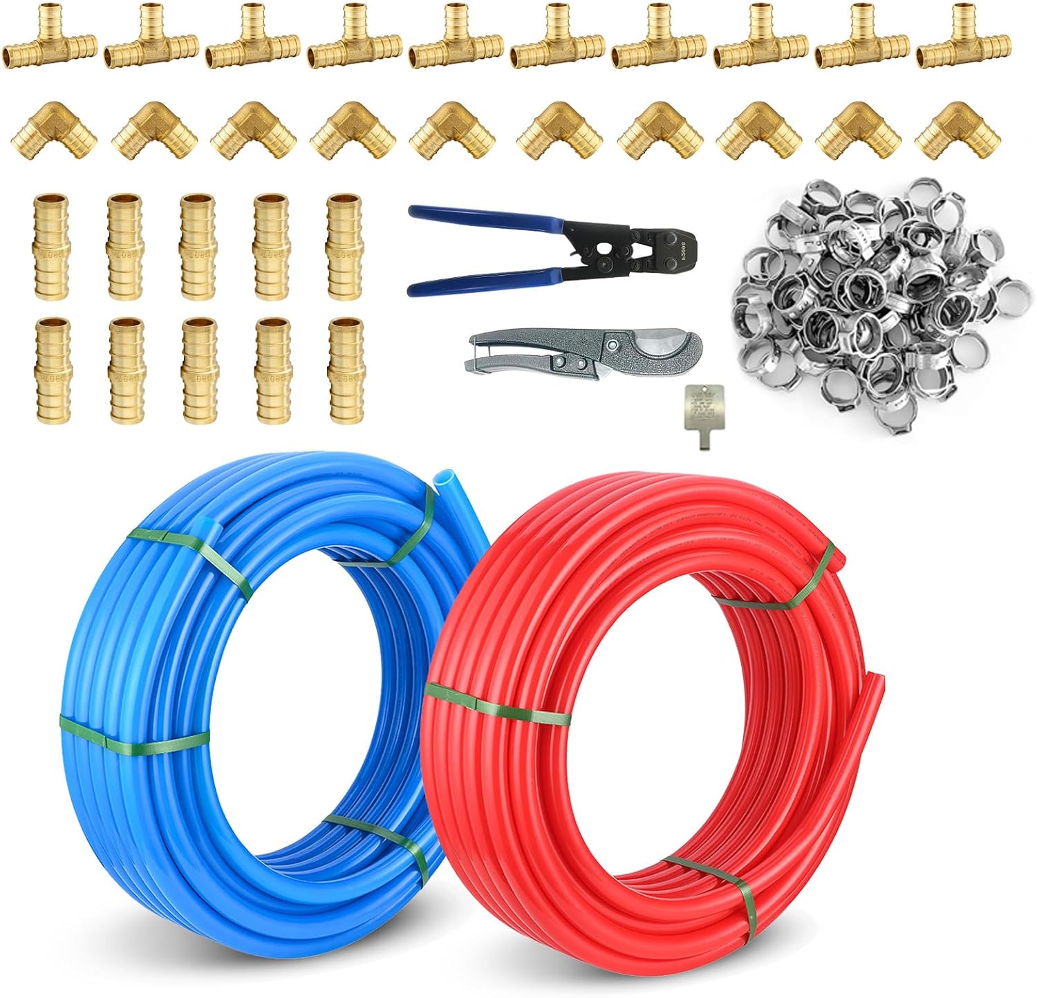 3/4 Inch Niikappu Blue & Red PEX-B Pipe, 2 x 100 Ft (200 Ft) Pex B Tubing with a Pipe Cutter, 30PCS Fittings & 100PCS Rings(149AB4)