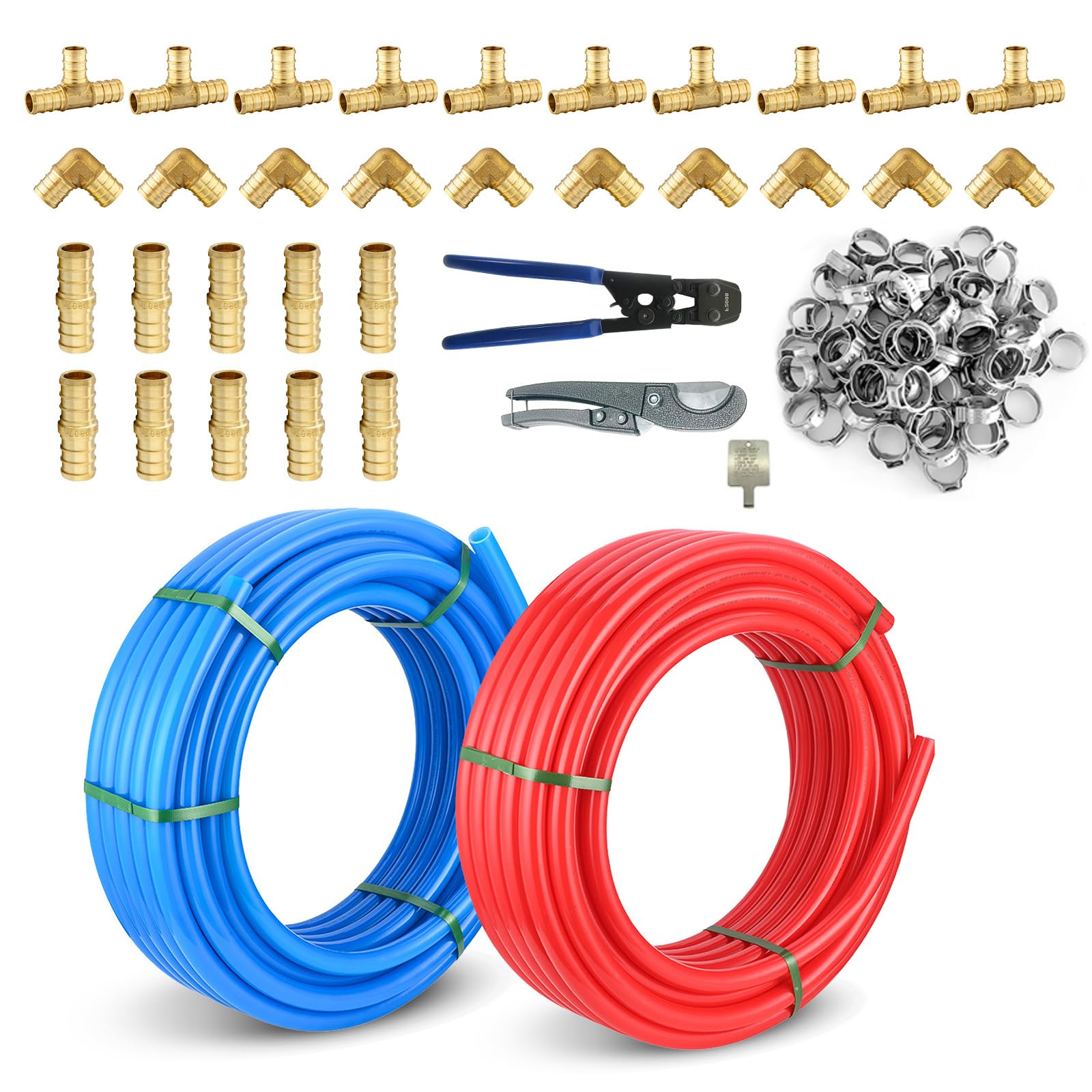 3/4 Inch Niikappu Blue & Red PEX-B Pipe, 2 x 100 Ft (200 Ft) Pex B Tubing with a Pipe Cutter, 30PCS Fittings & 100PCS Rings(149AB4)