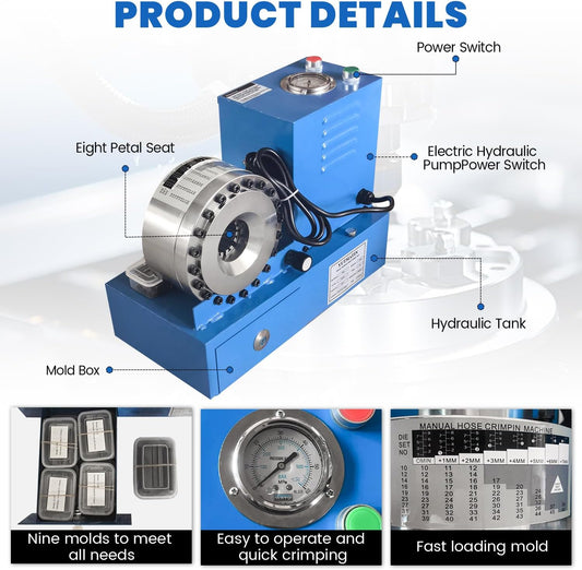 110V Electric Hydraulic Hose Crimper Machine with 9 Dies, Portable Crimping Tool with Limit Switch for AC Lines, Farm Equipment, Automotive, Multi-Diameter Hydraulic Pipe Crimper Kit