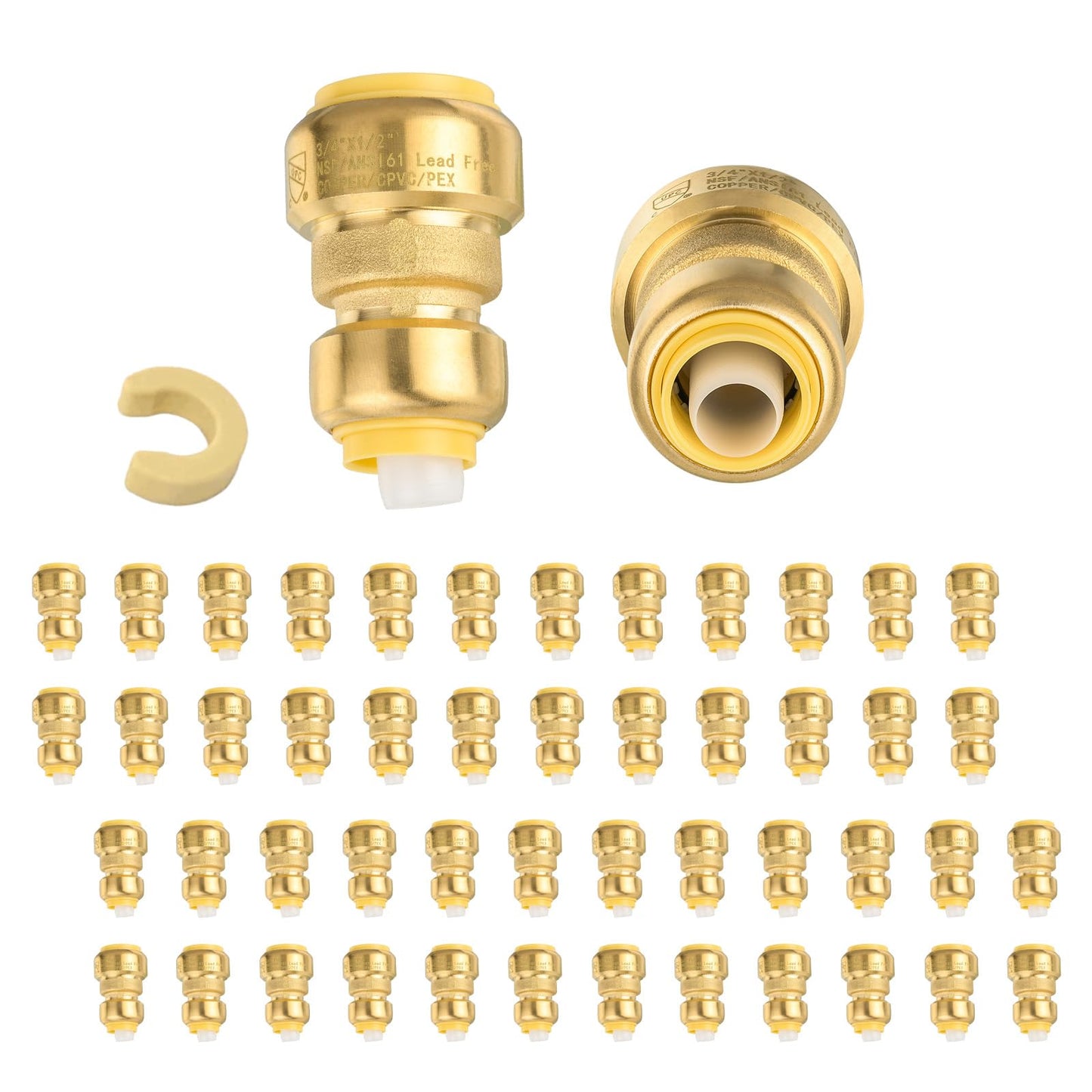 5-Pack Niikappu Push Fit Fittings, 3/4" x 3/4" Brass Plumbing Fittings to Connect PEX, Copper, CPVC, Brass Straight Coupling With Disconnect Clip(PF008-5Pack)