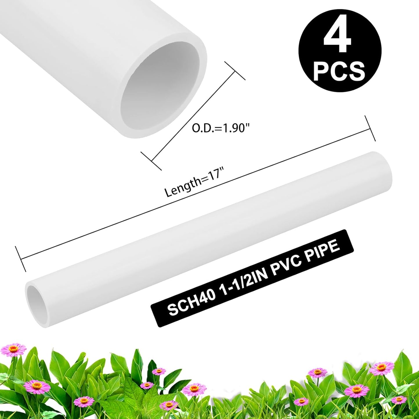 4Pcs 1-1/2 Inch PVC Pipe 17" Long White Sch40 Industrial PVC Pipes for Home DIY, Greenhouse, Garden, Farm, Workshop, Furniture Grade(1.50" x 17"L)