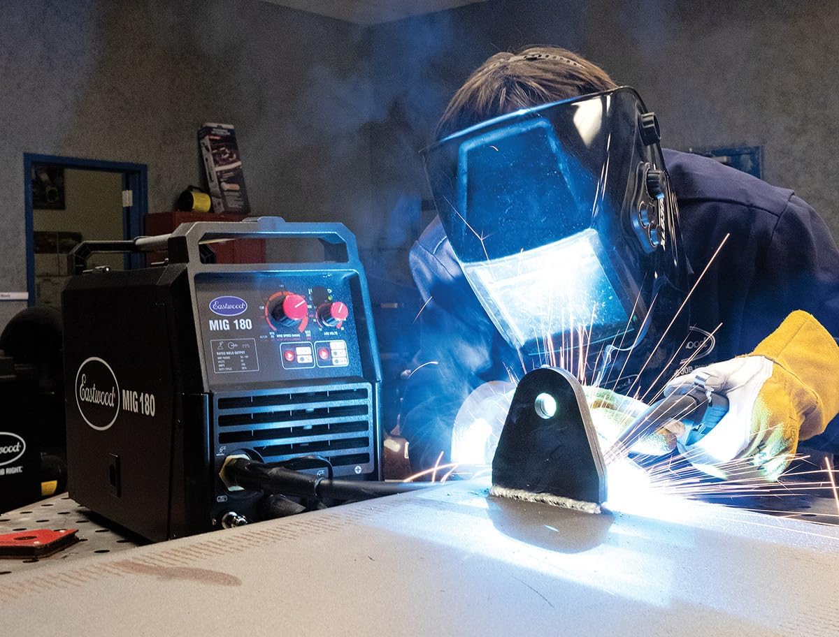 Eastwood 180 Amp MIG Welder Machine Dual Voltage 110V 220V for Steel & Aluminum | Eastwood XL View Auto Darkening Welding Helmet