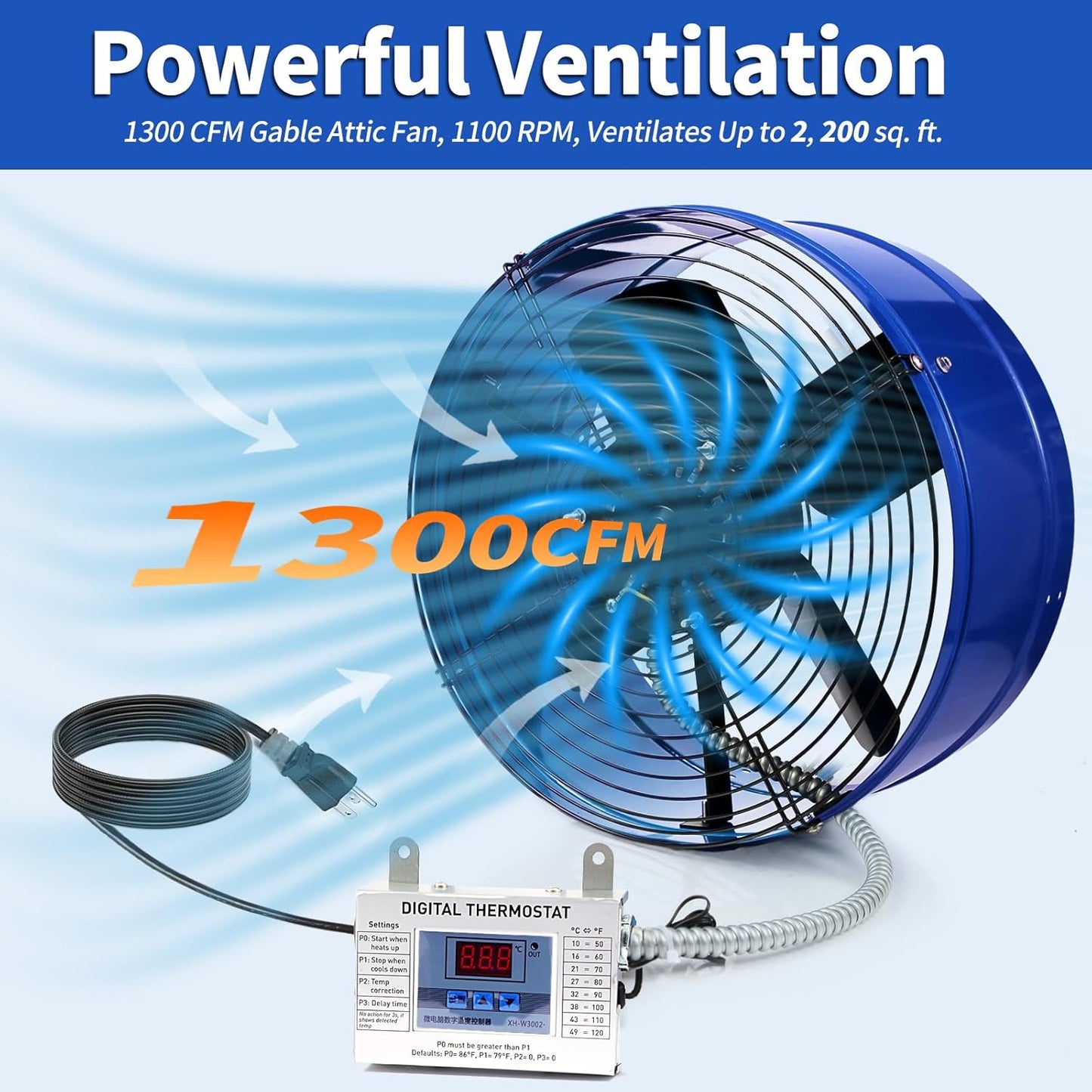 15" Gable Attic Fan with Thermostat, LANGY Ventilation Exhaust Fan 1300 CFM, 1100 RPM | 1850 sq. ft, Mount Attic Ventilator with 20FT Cord & Plug for Gable, Shed, Home