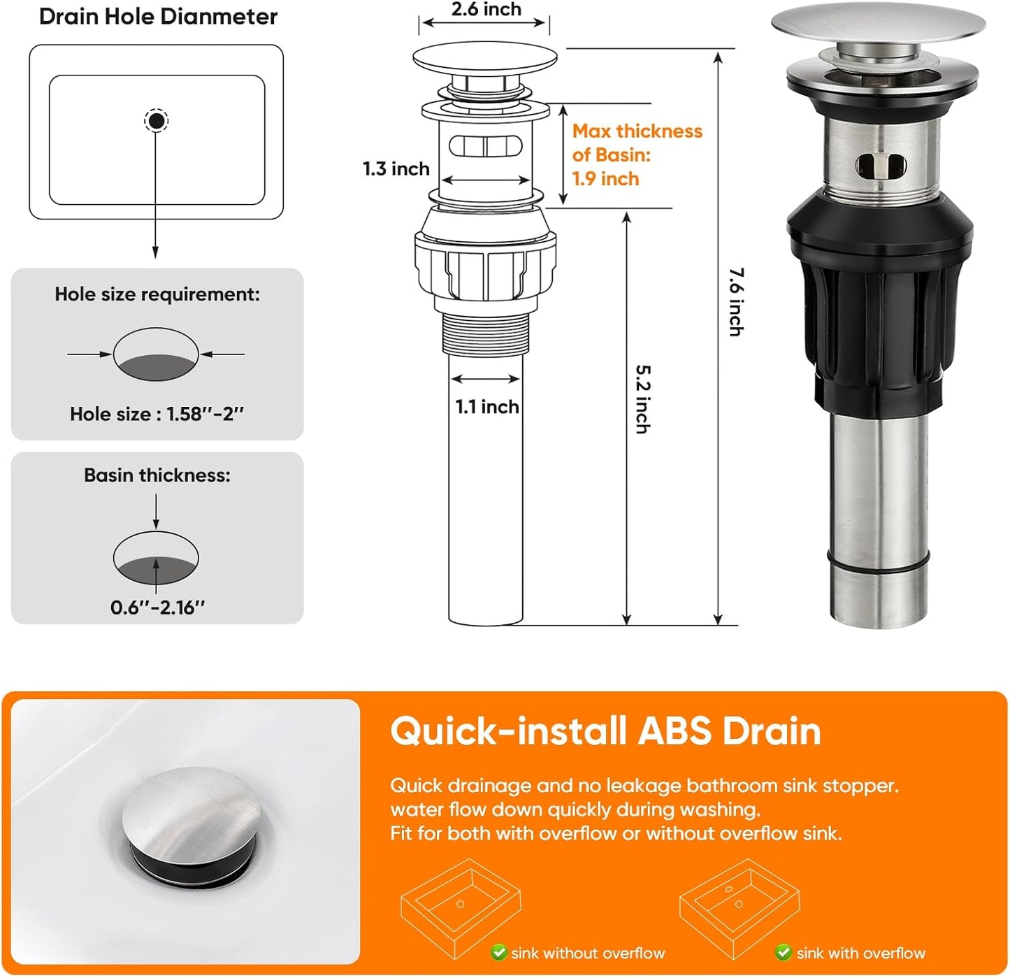 Bathroom Faucet Brushed Nickel OWOFAN Waterfall Washbasin Faucet with Pop Up Drain Single Handle Vanity Farmhouse RV Vessel Basin Mixer Tap Suitable for 1 or 3 Holes Supply Deck Plate and Hose