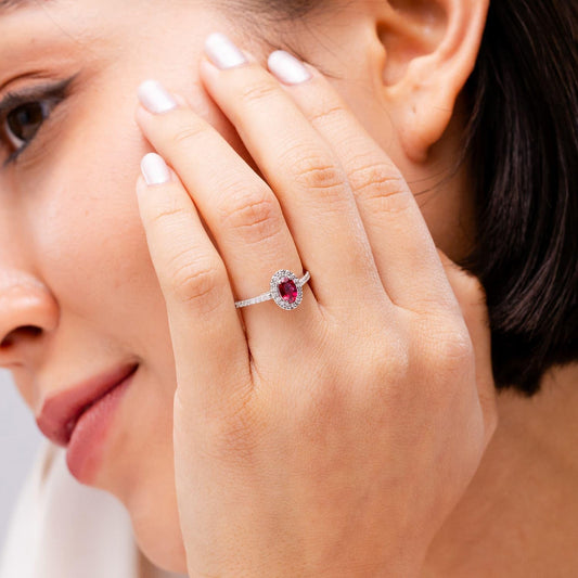 Angara Natural Ruby Engagement Ring for Women | Classic Oval Ruby Halo Engagement Ring with Diamond Accents in 14K Solid Gold/Platinum | July Birthday, Gemstone Jewellery Gift