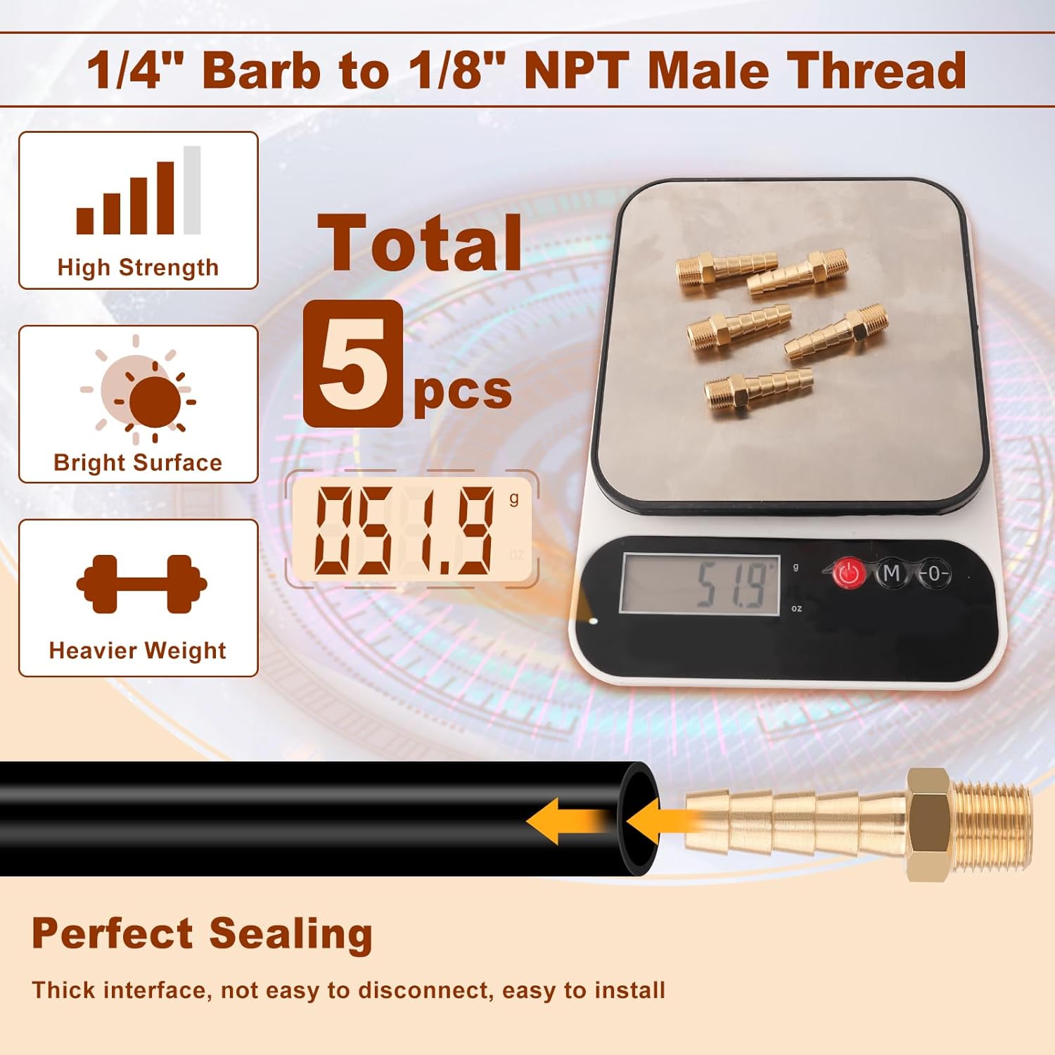 5pcs Brass Hose Barb Fittings 1/4 Inch Barb to 1/8 Inch NPT Male Thread Air Hose Fittings Adapter Connector Water Fuel Air Line Fittings 1/4” Barb × 1/8” NPT Brass Fittings