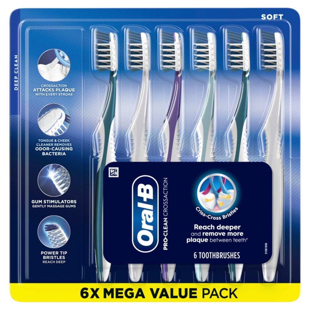 Oral-B Pro Health CrossAction Plaque Removal toothbrushes, 6 Count Toothbrush Soft, Deep Reach in Tight Spaces, Tongue Scraper Tooth Brush, Plaque Fighter, Gentle on Teeth, Gum stimulators