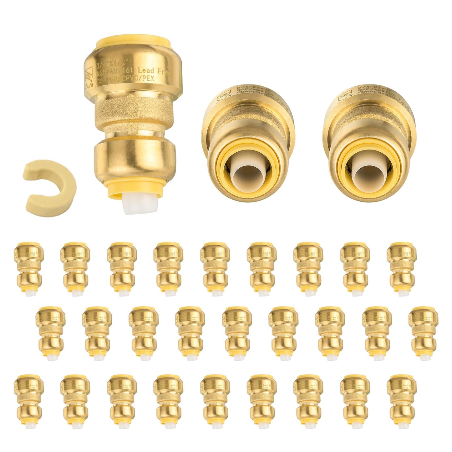 5-Pack Niikappu Push Fit Fittings, 3/4" x 3/4" Brass Plumbing Fittings to Connect PEX, Copper, CPVC, Brass Straight Coupling With Disconnect Clip(PF008-5Pack)