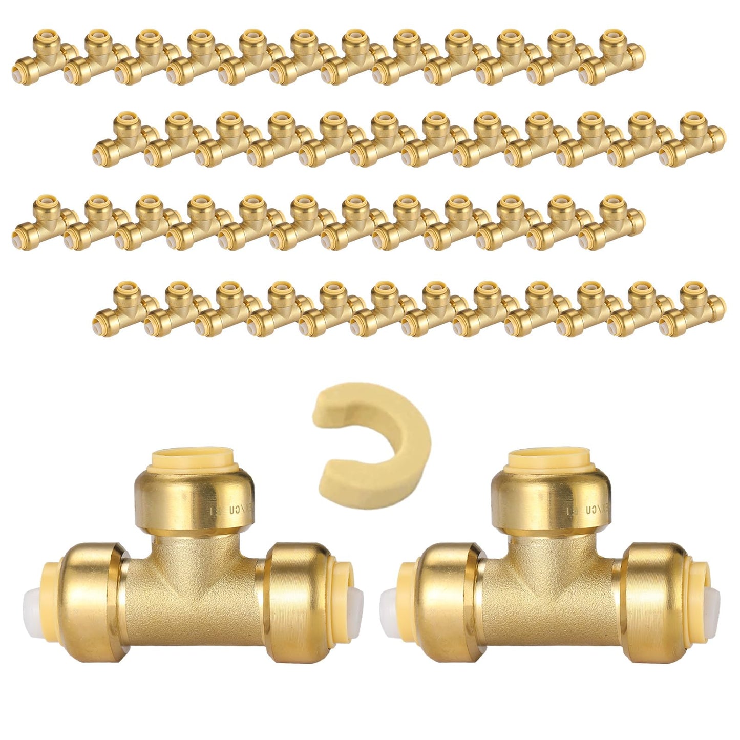 5-Pack Niikappu Pushfit Tee, 3/4"x3/4"x1/2" PEX Brass Push-fit Tee, Push to Connect Plumbing Fittings for PEX, Copper, CPVC, with Disconnect Clip(PF127-5)