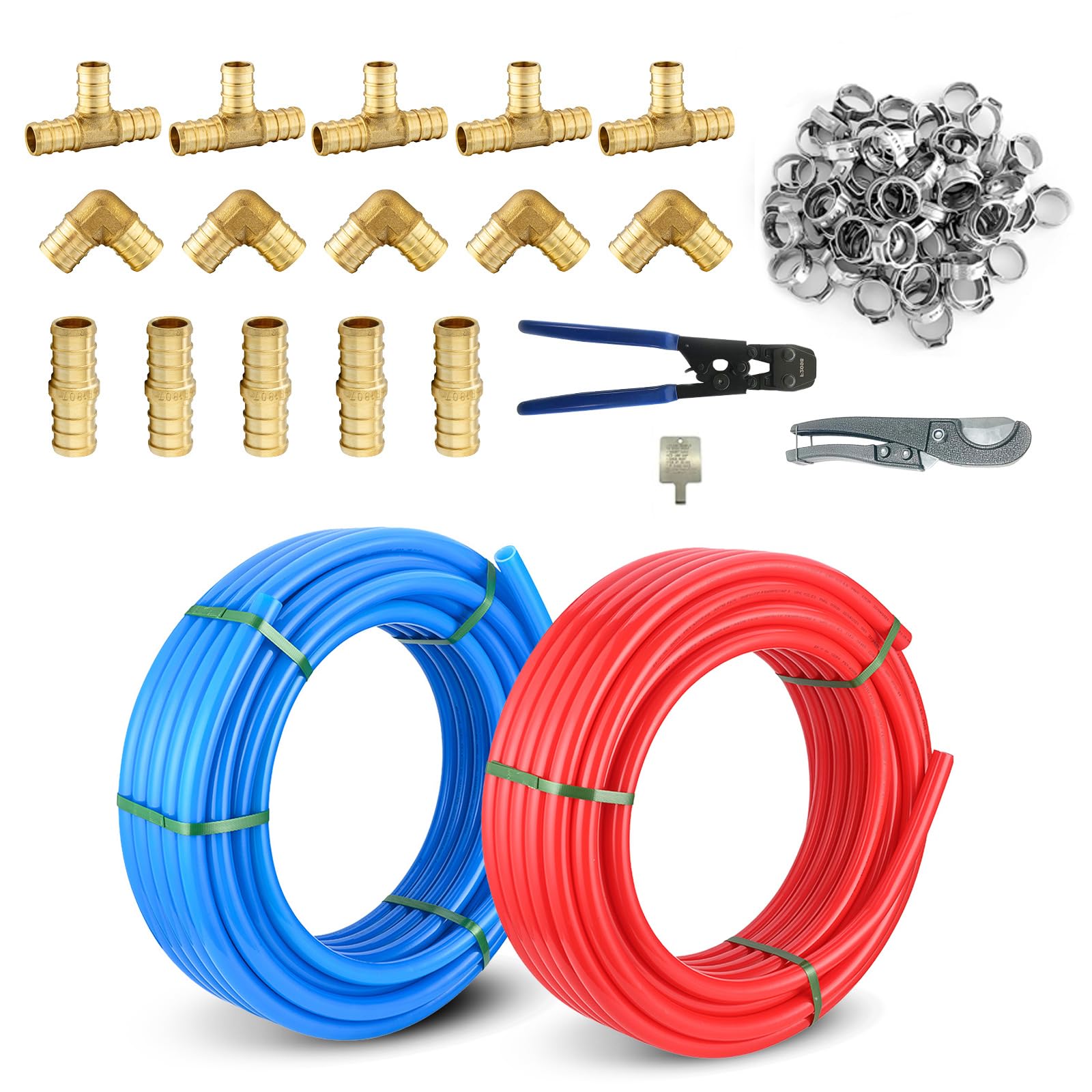 3/4 Inch Niikappu Blue & Red PEX-B Pipe, 2 x 100 Ft (200 Ft) Pex B Tubing with a Pipe Cutter, 30PCS Fittings & 100PCS Rings(149AB4)