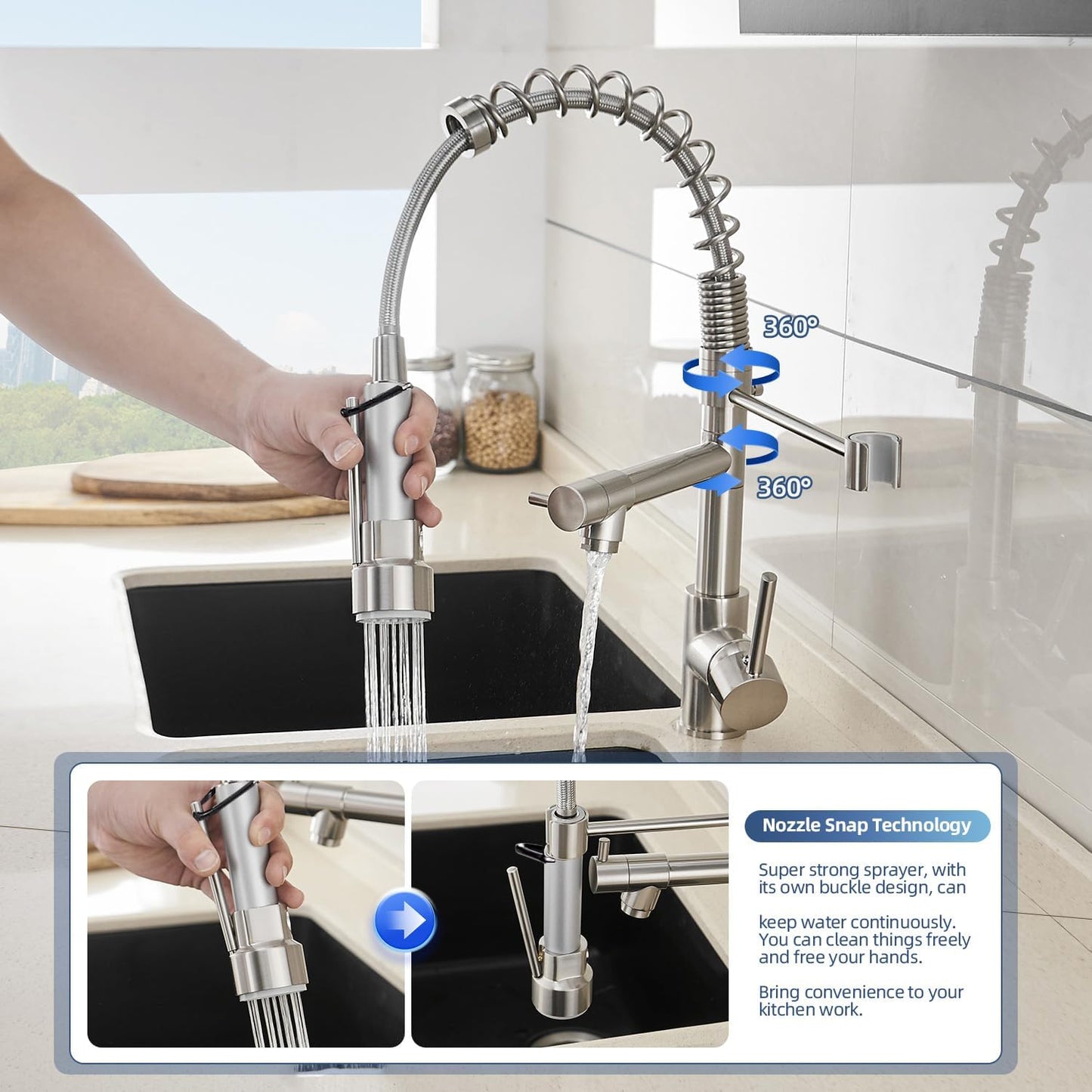 OWOFAN Kitchen Sink Faucet with Pull Down Sprayer, Contemporary Stainless Steel Single Handle Spring Kitchen Faucets Two Outlet with Deck Plate Brushed Nickel