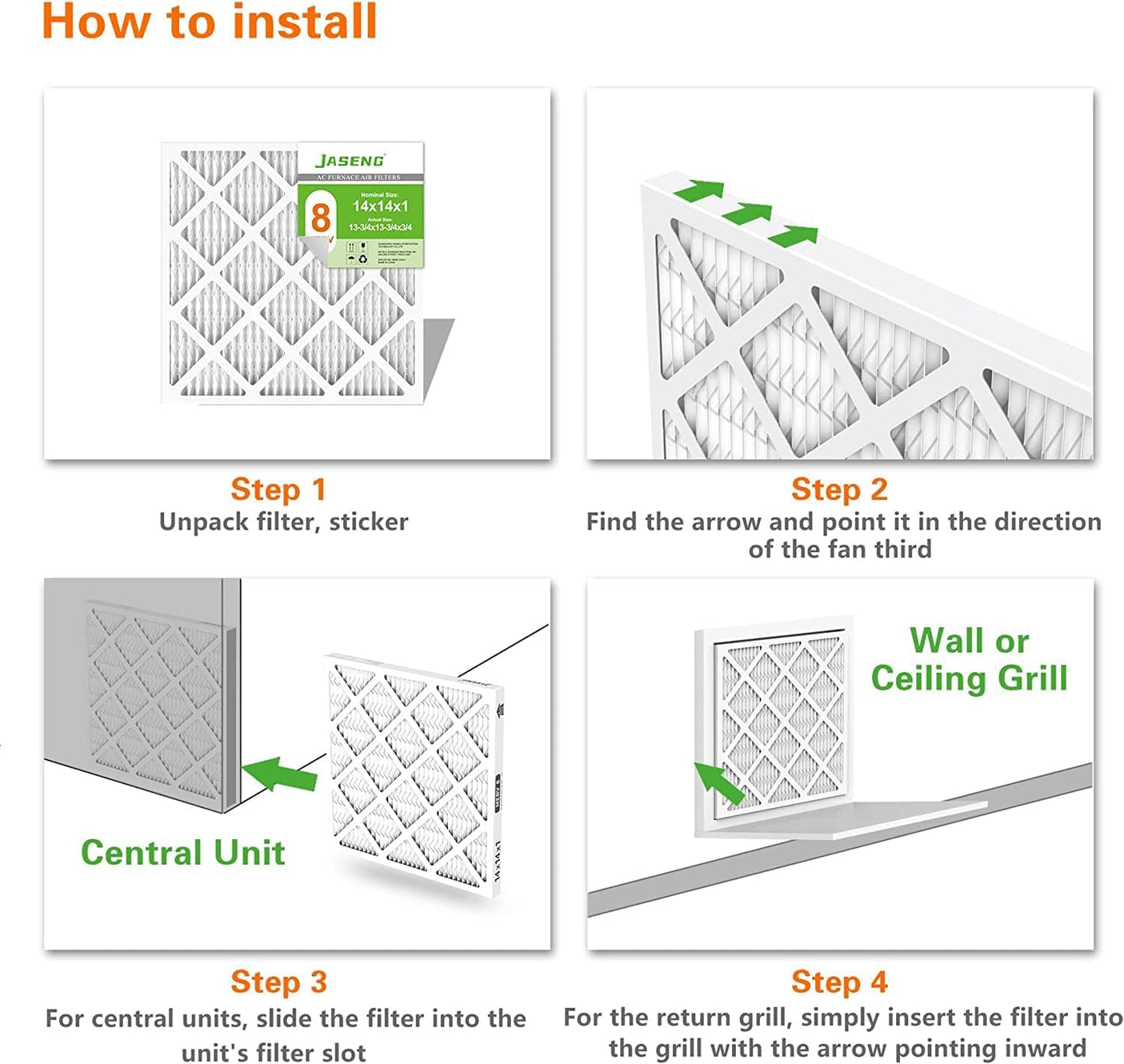 14x14x1 Air Filters, MERV 8 Pleated HVAC Furnace Filters (4-Pack) - Dust Defense, MPR 600 - exact dimensions: 13.75"x13.75"x0.75" - Replacement for AC, Heater, and Ventilation Systems