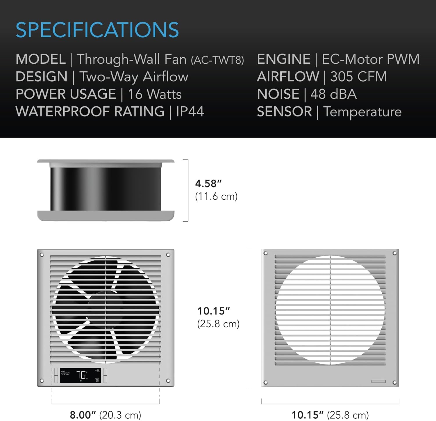 AC Infinity Room to Room Fan 8”, Two-Way Reversible Airflow Through-the-Wall Fan with Temperature Controller, Quiet Precise 10-Level Speeds for In-Wall Kitchen, Laundry Room, and Workshops