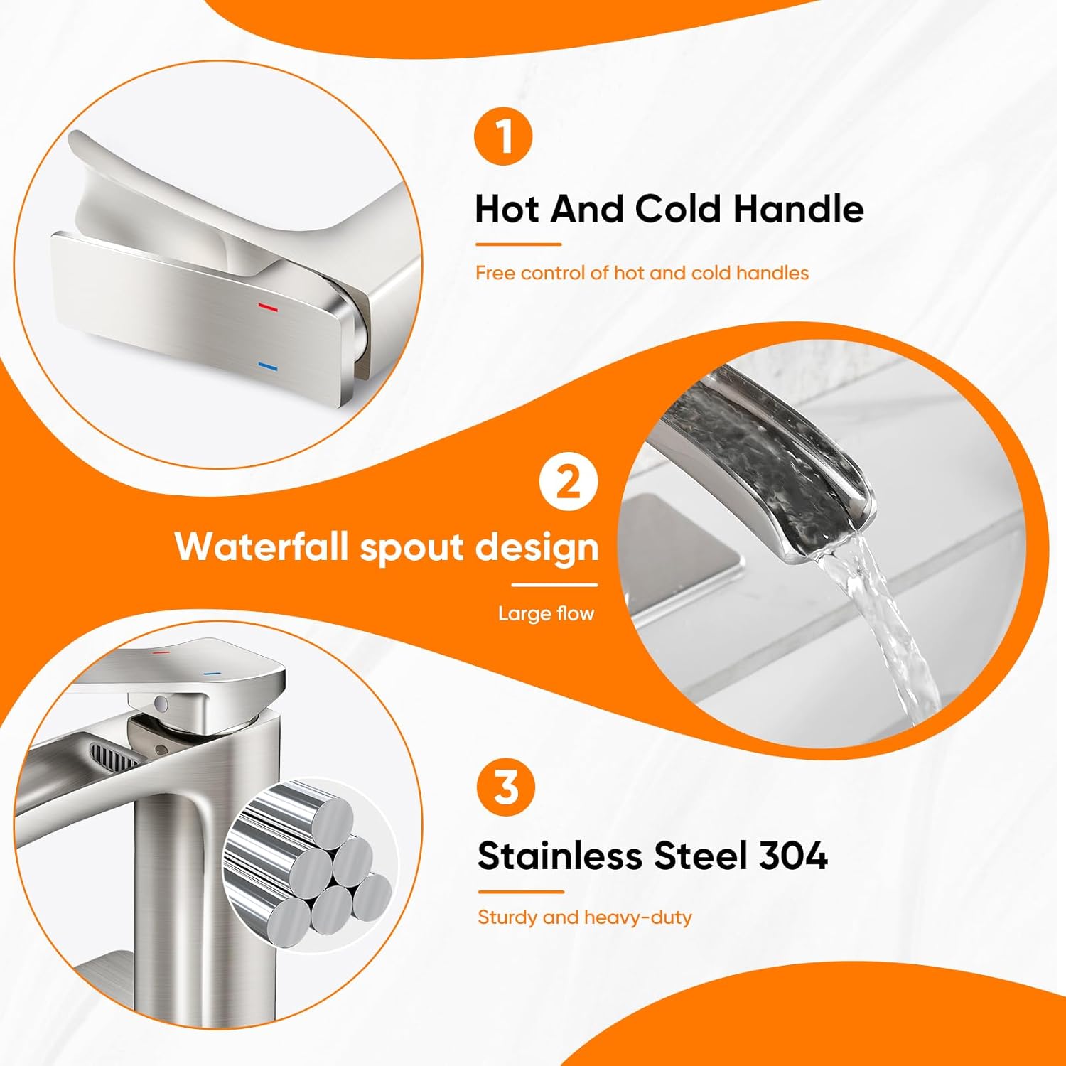 Bathroom Faucet Brushed Nickel OWOFAN Waterfall Washbasin Faucet with Pop Up Drain Single Handle Vanity Farmhouse RV Vessel Basin Mixer Tap Suitable for 1 or 3 Holes Supply Deck Plate and Hose