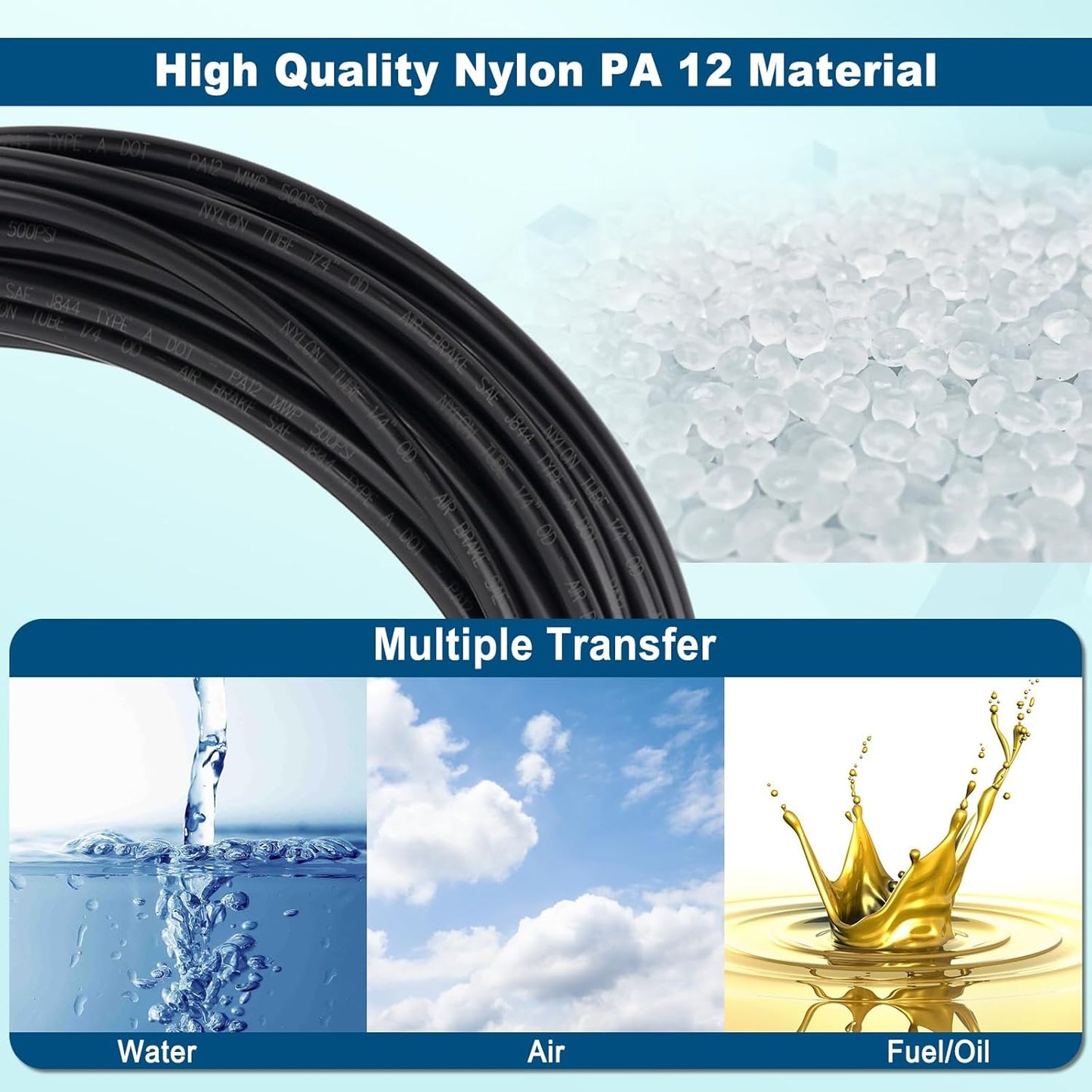 50FT 1/4 DOT Air Line SAE J844 PA12 Nylon Air Hose with Cutter 1/4” OD Pneumatic Tubing DOT Approved 1/4 Air Brake Hose for Air Suspension Kit Truck Trailer Brake System & Fluid Transfer 15.5m