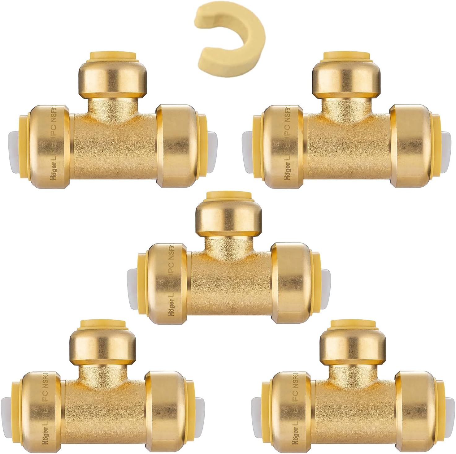 5-Pack Niikappu Pushfit Tee, 3/4"x3/4"x1/2" PEX Brass Push-fit Tee, Push to Connect Plumbing Fittings for PEX, Copper, CPVC, with Disconnect Clip(PF127-5)