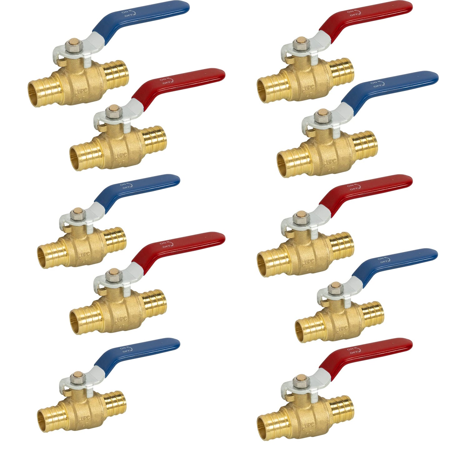 Hourleey 10 Pieces 1/2 Inch Pex Brass Full Port Shut Off Ball Valve HOT AND COLD, Quarter Turn HOT (RED) COLD (BLUE) of Brass Water Stop Shutt off