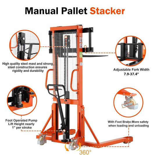 Tory Carrier Manual Pallet Stacker, Material Lift, 63” Lifting Height 2200lbs Capacity Hydraulic Forklift Truck with Straddle Legs and Adjustable Forks