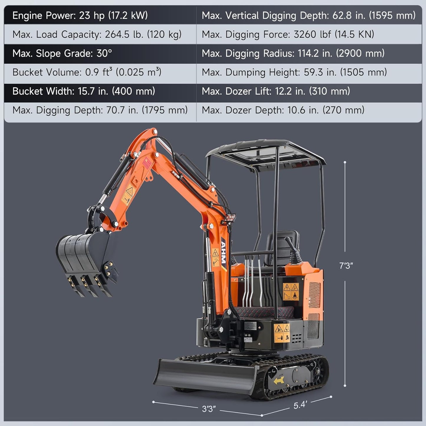 AHM 23hp Mini Excavator with Hydraulic Thumb Rake Grapple Quick Hitch, 1 Ton Crawler Excavator with Swing Boom & All-Terrain Tracks, Trench Digger for Garden Farm Construction Site Trenching Digging