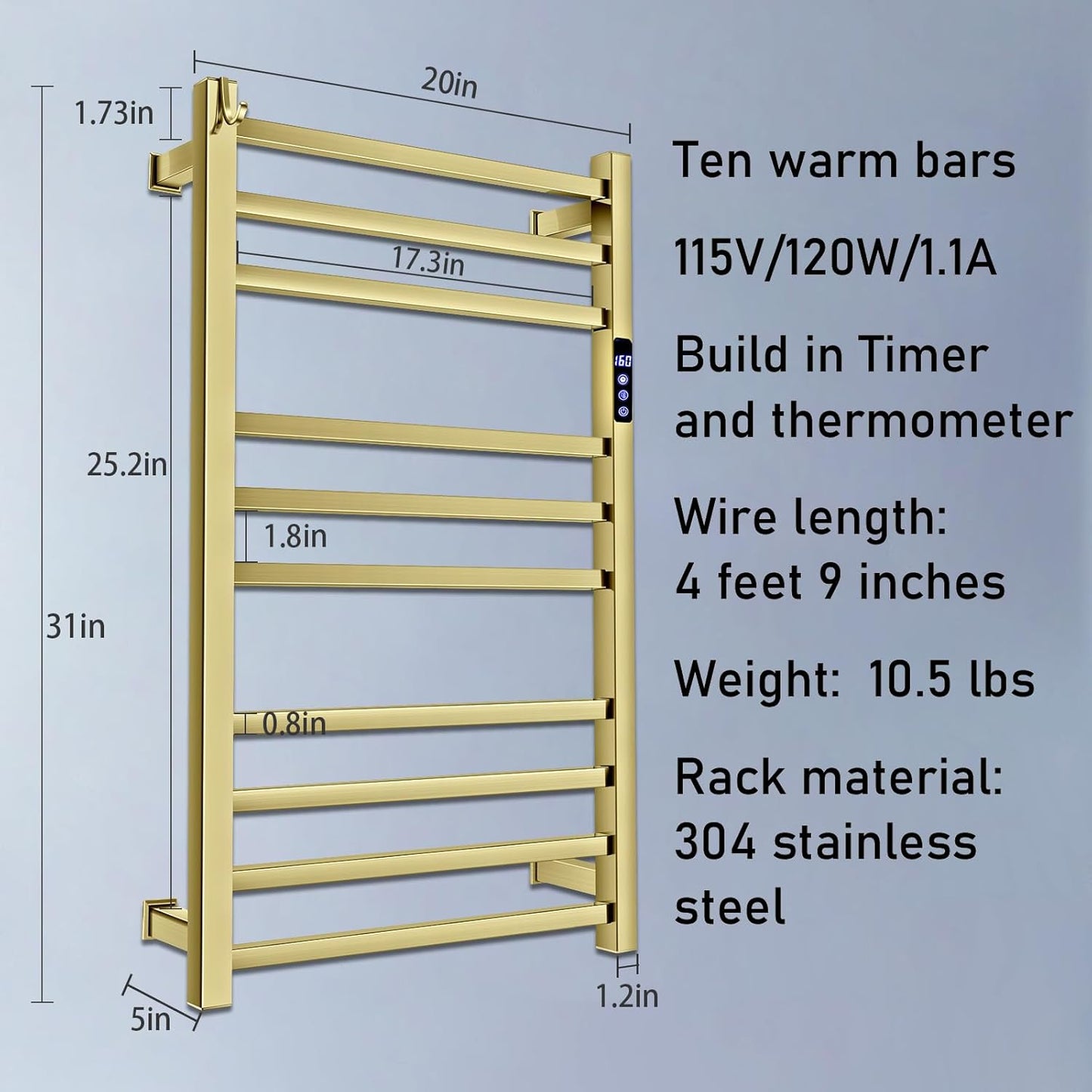 Towel Warmer Rack for Bathroom with Timer/Fahrenheit Temperature Control Wall Mounted Electric Heated 10 Bar Rail Plug-in or Hardwired Keep Bath Shower Towel Warming (Brushed Gold)