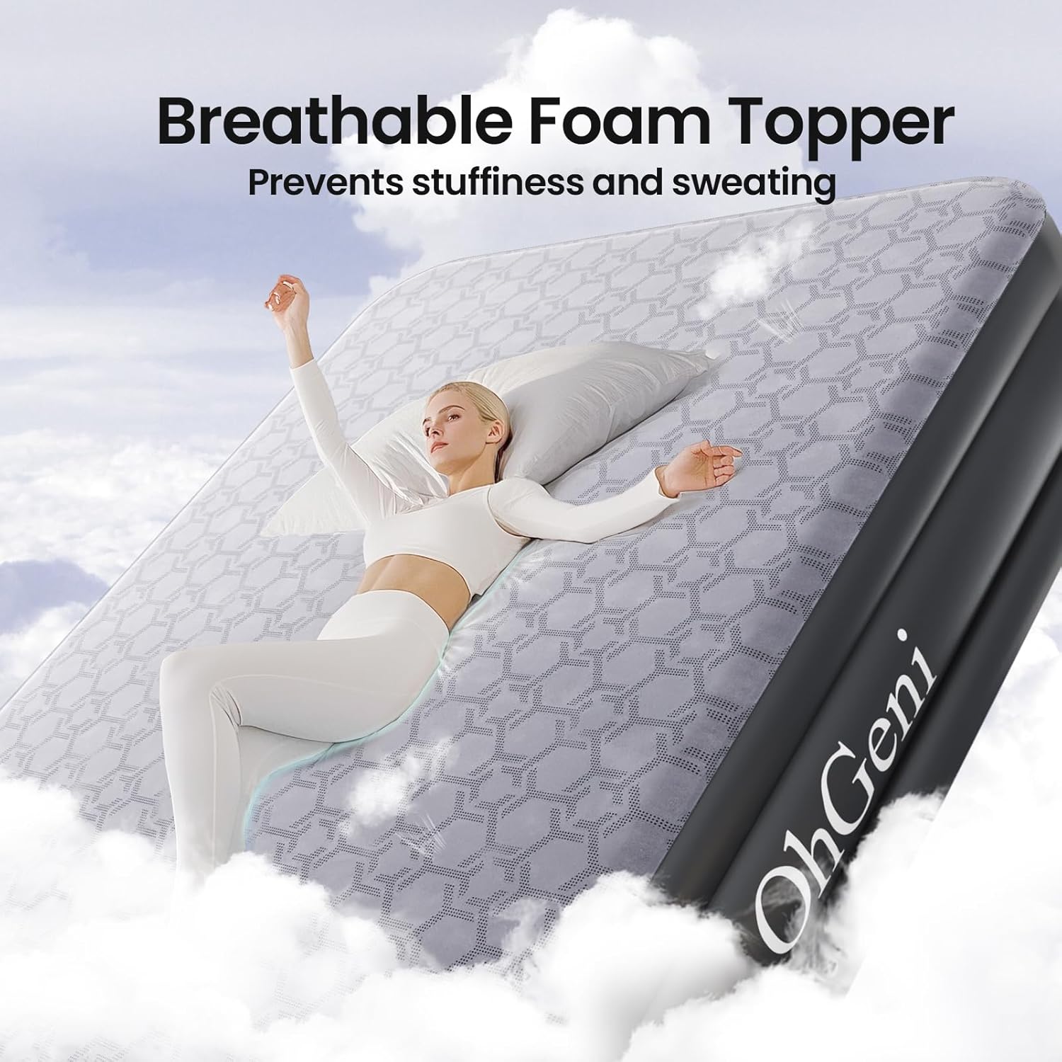 OhGeni 20" Luxury Queen Air Mattress with Built-in Pump & 20" Luxury Full Inflatable Bed with Silk Foam Topper for Superior Comfort, Blow-Up Mattress for Home, Camping & Guests, Extra Support, Black