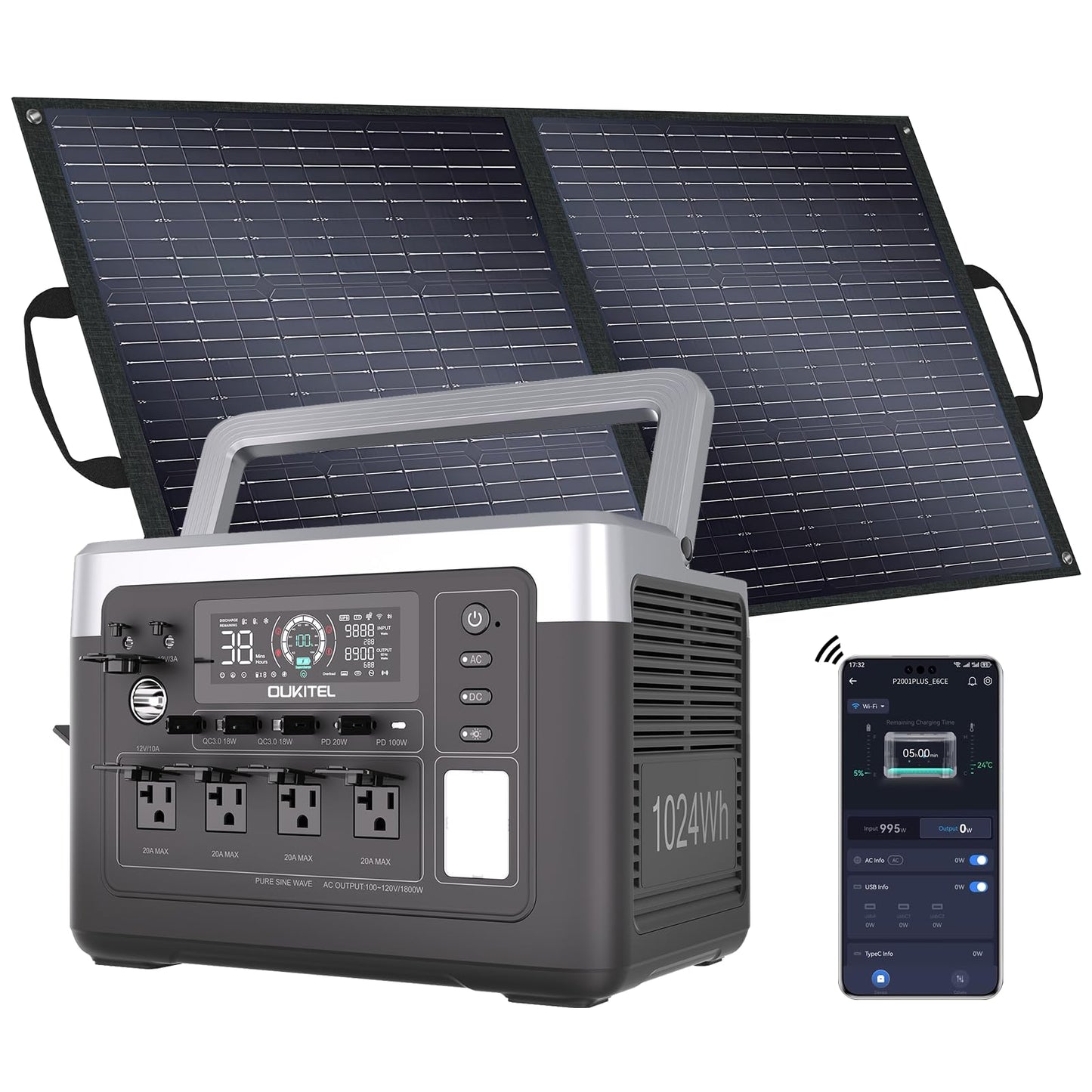 OUKITEL P1000 Plus 1800W Power Station with 200W Solar Panel, 1024Wh Solar Generator with 4 AC Outlets (3600W Peak), 1200W Fast Charging, APP Control Battery Backup for Home, Camping & RVs