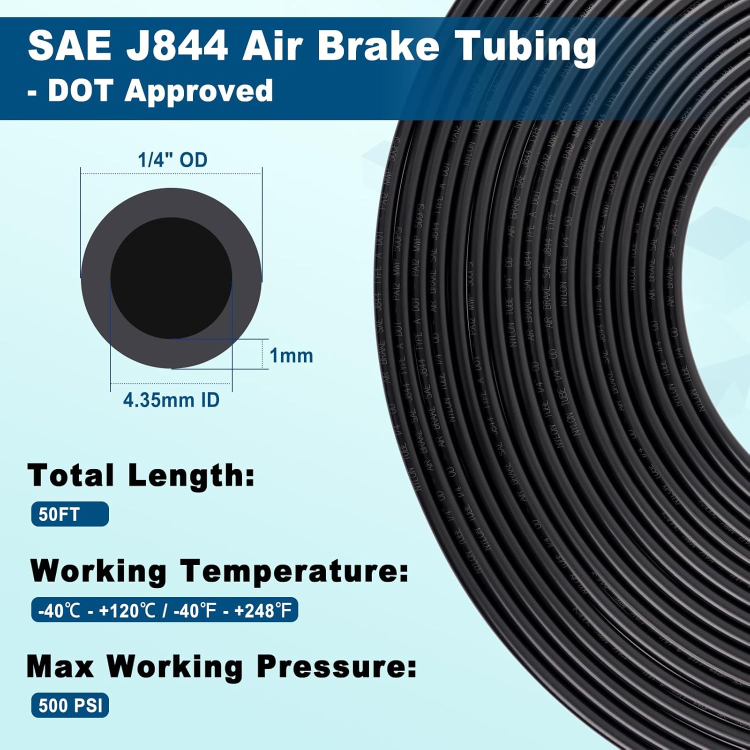 50FT 1/4 DOT Air Line SAE J844 PA12 Nylon Air Hose with Cutter 1/4” OD Pneumatic Tubing DOT Approved 1/4 Air Brake Hose for Air Suspension Kit Truck Trailer Brake System & Fluid Transfer 15.5m