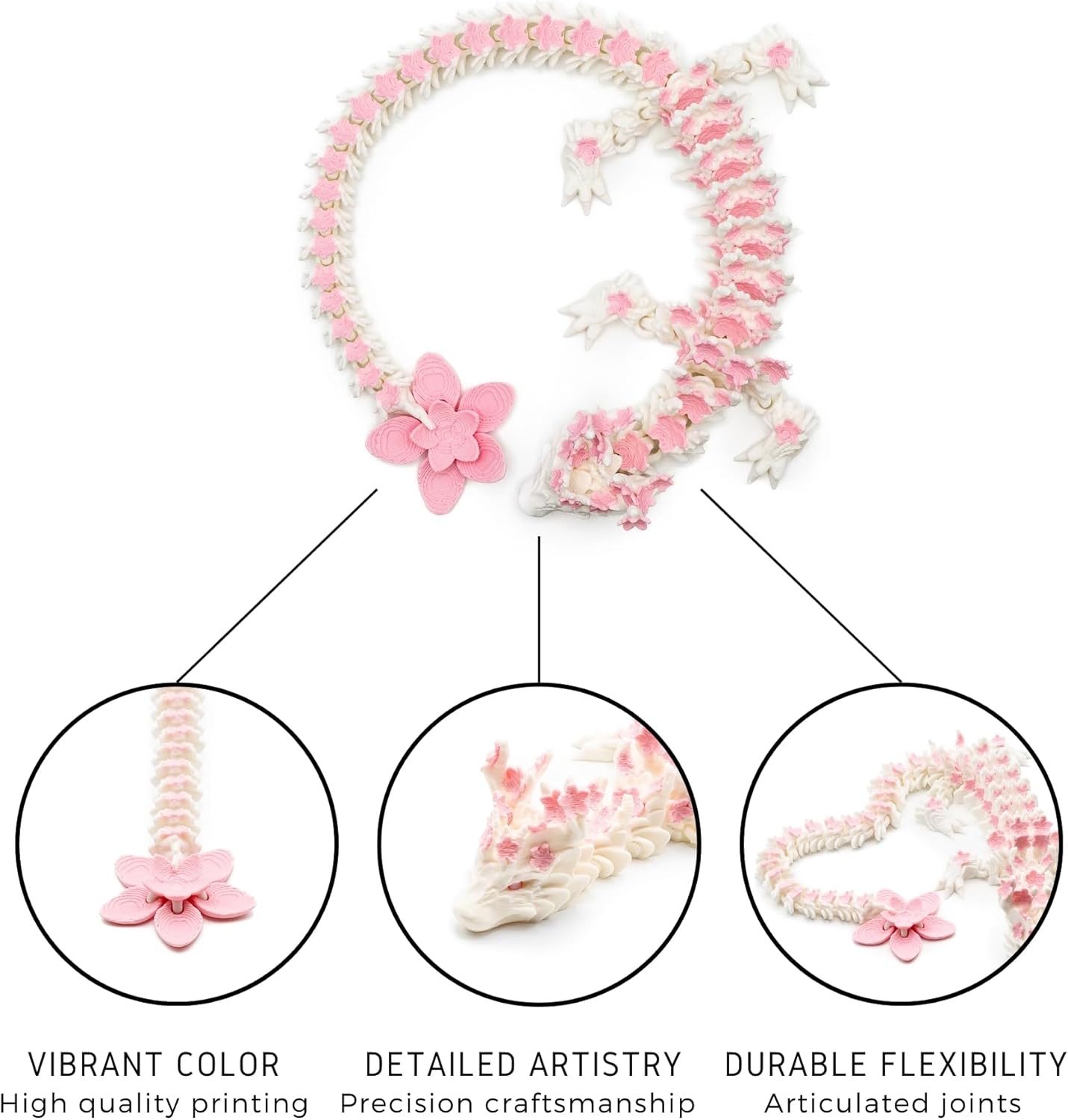 12-Inch 3D Printed Dragon – Pink and White Cherry Blossom Dragon - Made in The USA - Articulated Fidget Sensory Toy – Collectible Home and Office Decor Desk Toys
