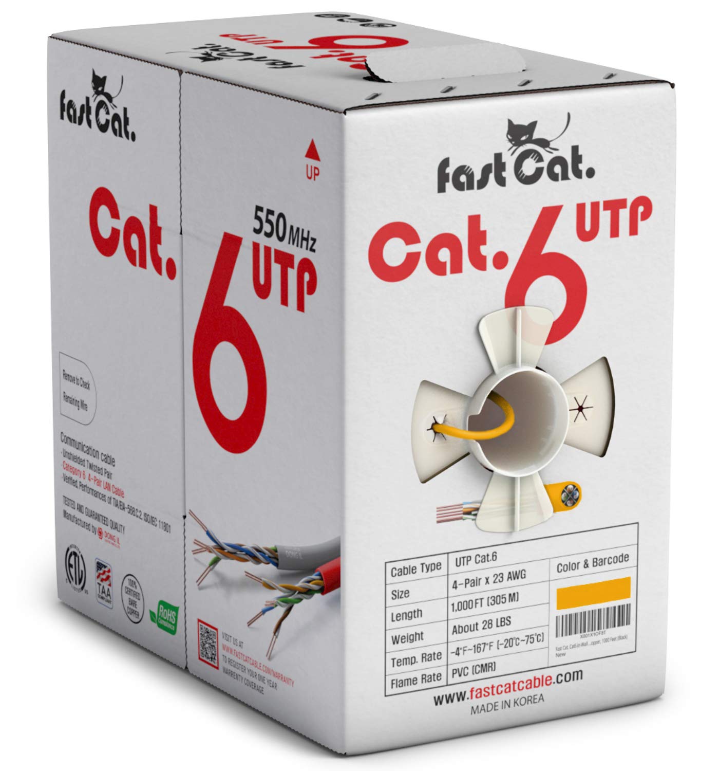Fast Cat. Cat6 Ethernet Cable 1000ft - 23 AWG, CMR, Insulated Solid Bare Copper Wire Cat 6 Cable PoE++ (4PPoE), ETL Listed, 550MHZ / 10 Gigabit Speed UTP LAN Cat6 Cable 1000ft (White)