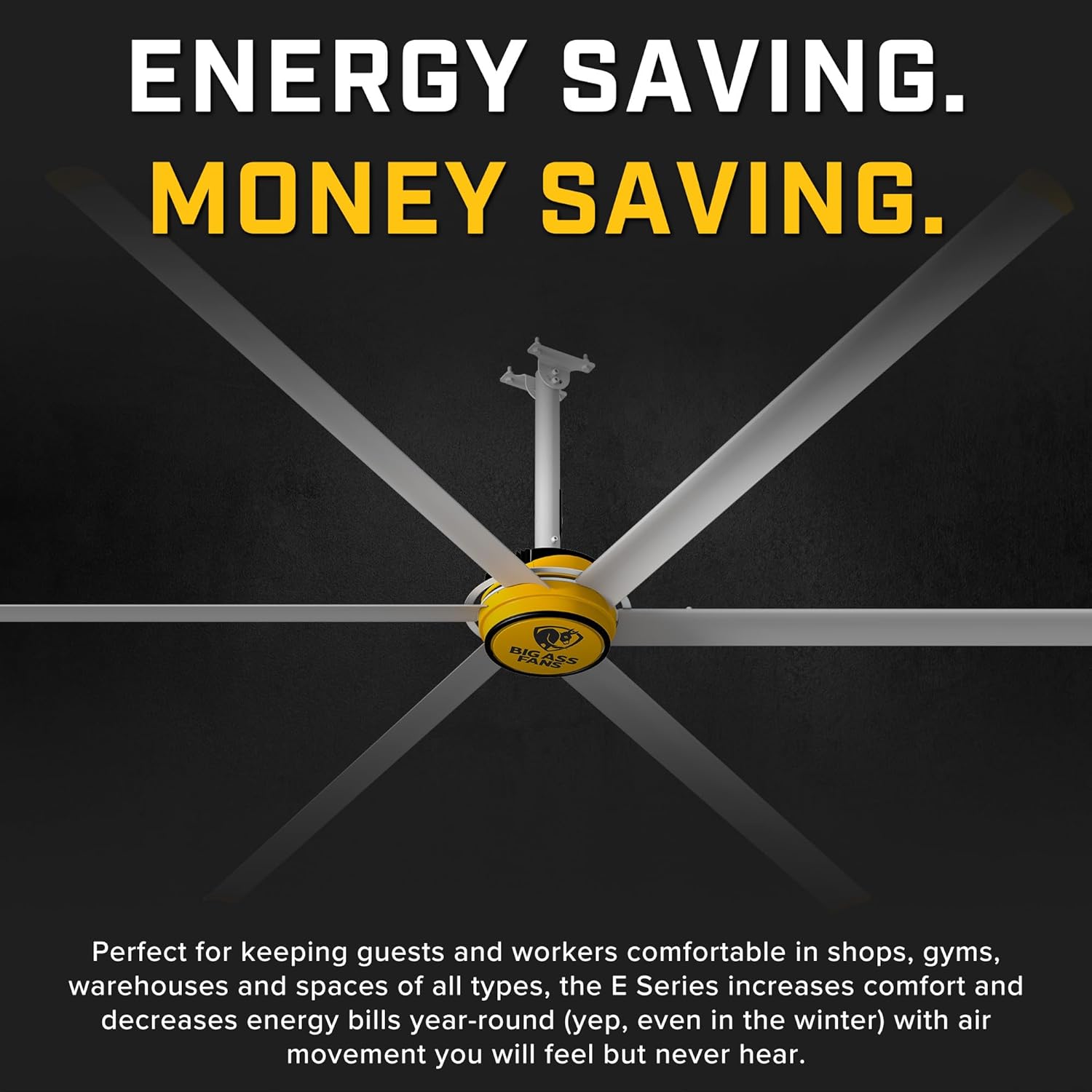 Big Ass Fans E Series 12 ft Industrial 6 Blade Ceiling Fan Gearless Direct Drive Motor, High Volume Low Speed, Wired Wall Remote, 110-125V/1ph - Silver/Yellow