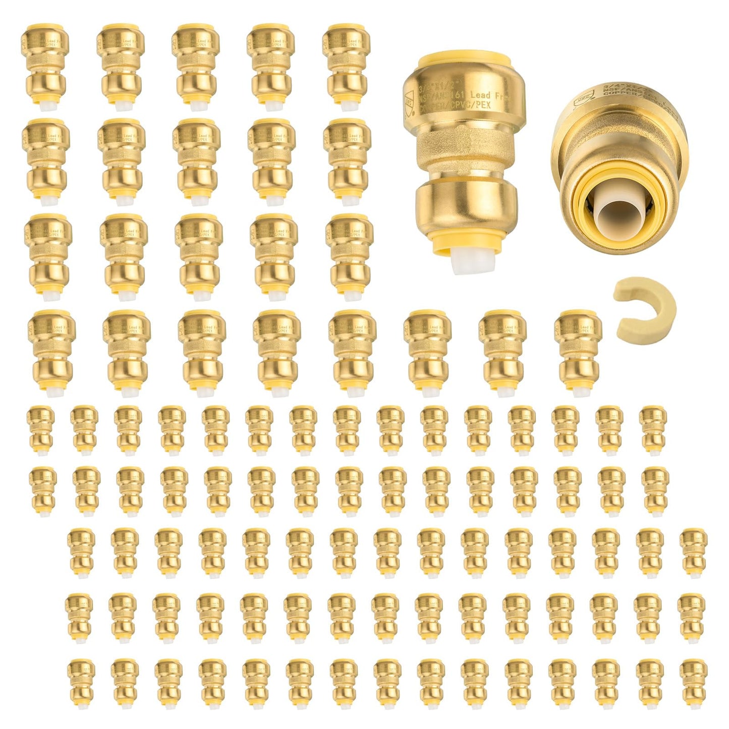 5-Pack Niikappu Push Fit Fittings, 3/4" x 3/4" Brass Plumbing Fittings to Connect PEX, Copper, CPVC, Brass Straight Coupling With Disconnect Clip(PF008-5Pack)