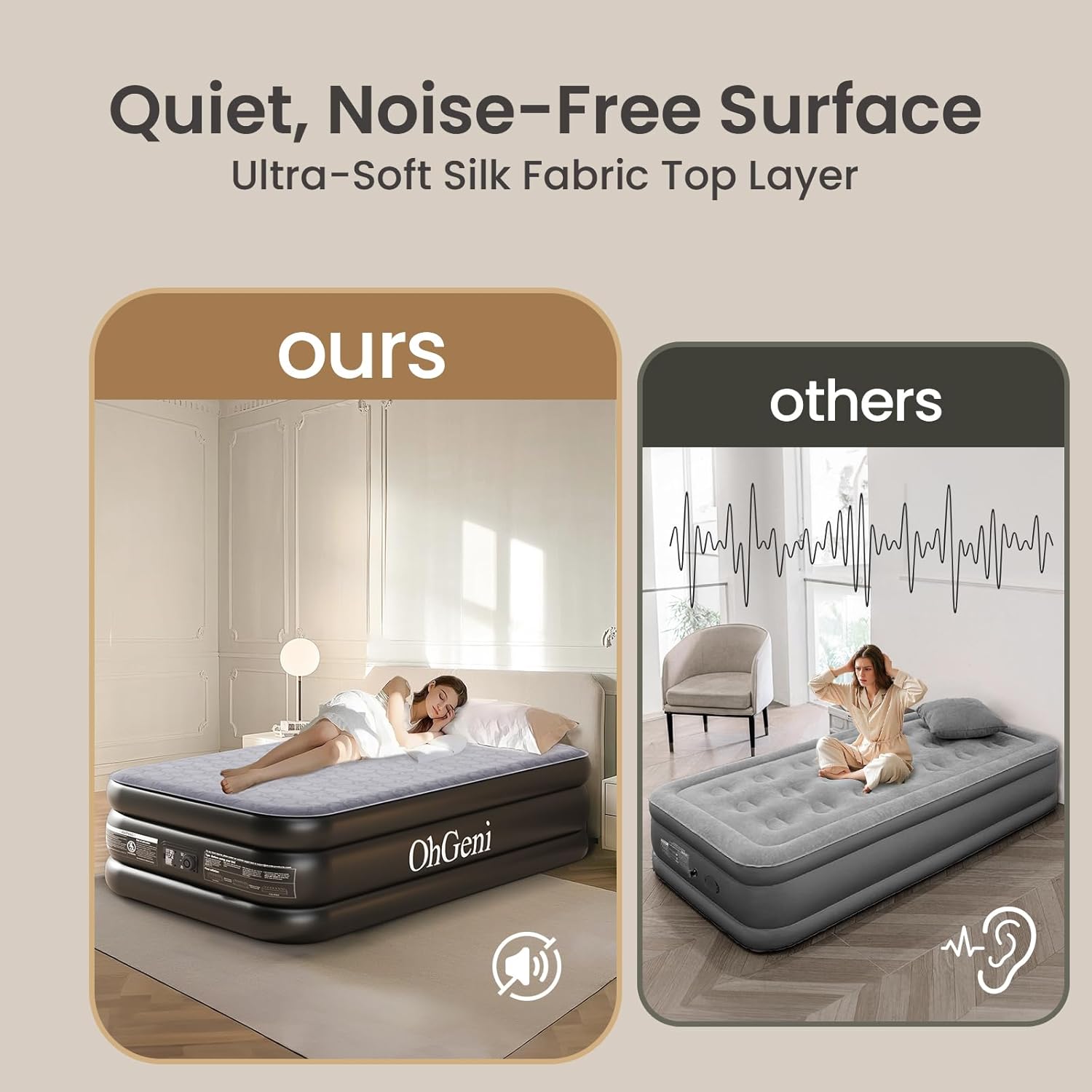 OhGeni 20" Luxury Queen Air Mattress with Built-in Pump & 20" Luxury Twin Inflatable Bed with Silk Foam Topper for Superior Comfort, Blow-Up Mattress for Home, Camping & Guests, Extra Support, Black