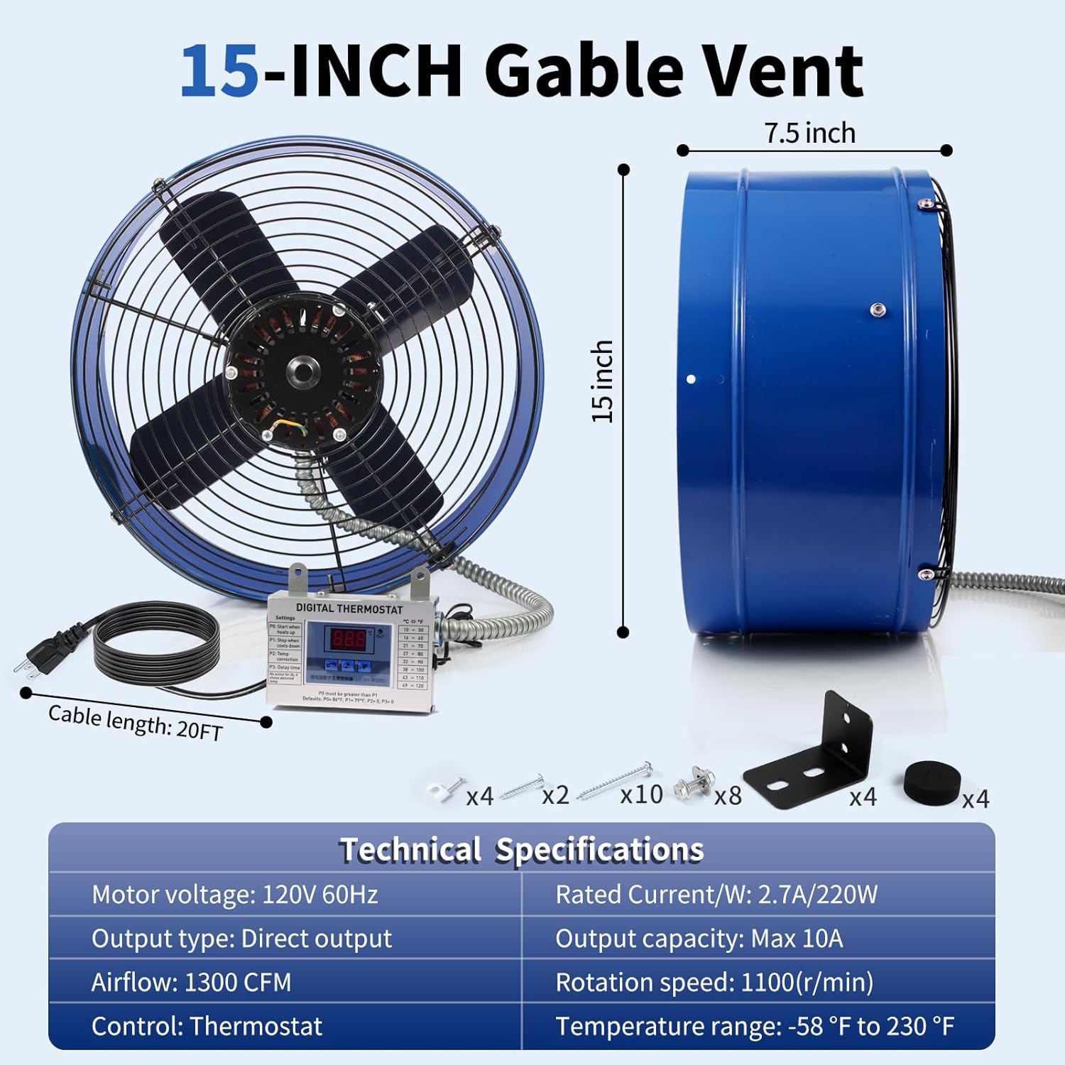 15" Gable Attic Fan with Thermostat, LANGY Ventilation Exhaust Fan 1300 CFM, 1100 RPM | 1850 sq. ft, Mount Attic Ventilator with 20FT Cord & Plug for Gable, Shed, Home