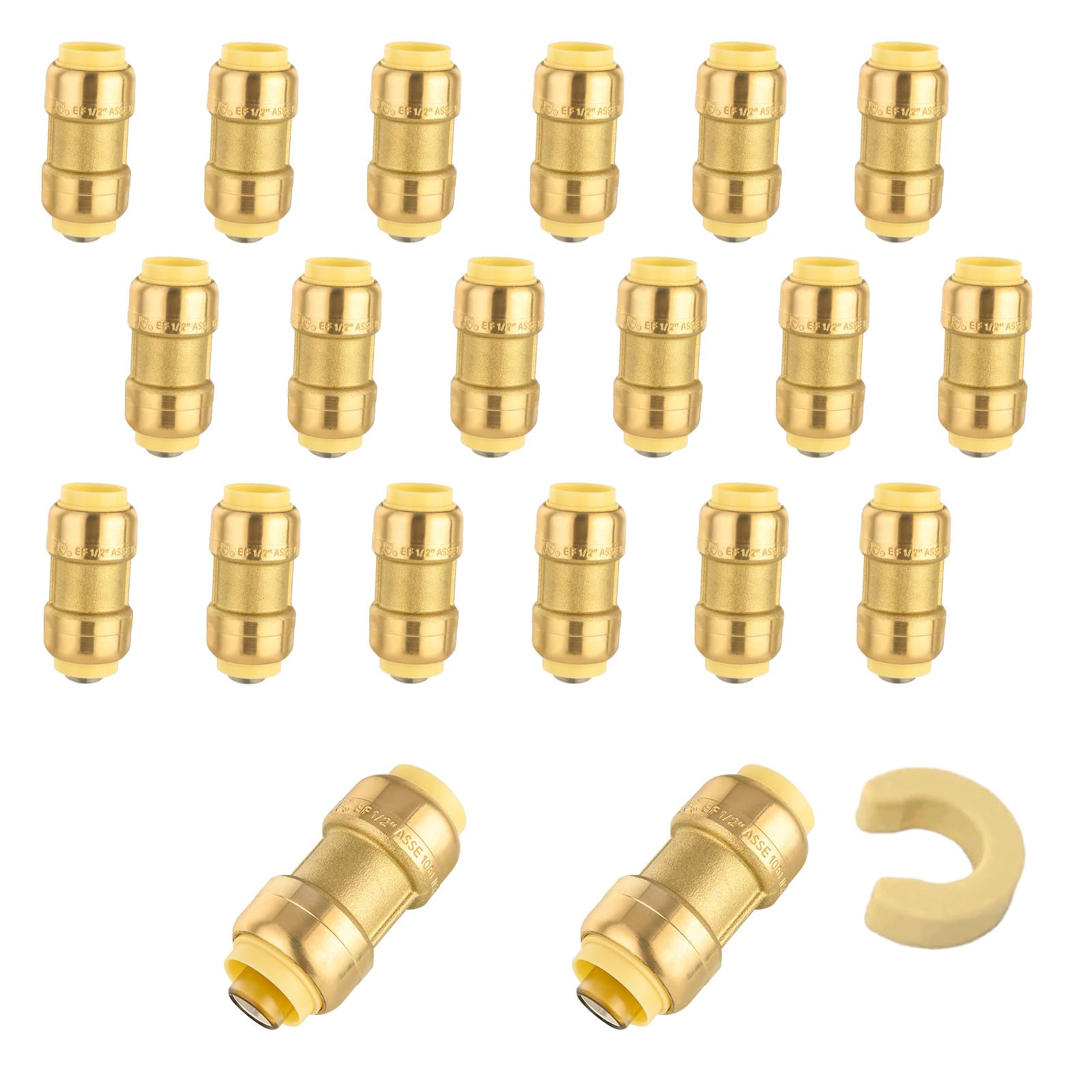 5-Pack Niikappu Push Fit Fittings, 3/4" x 3/4" Brass Plumbing Fittings to Connect PEX, Copper, CPVC, Brass Straight Coupling With Disconnect Clip(PF008-5Pack)