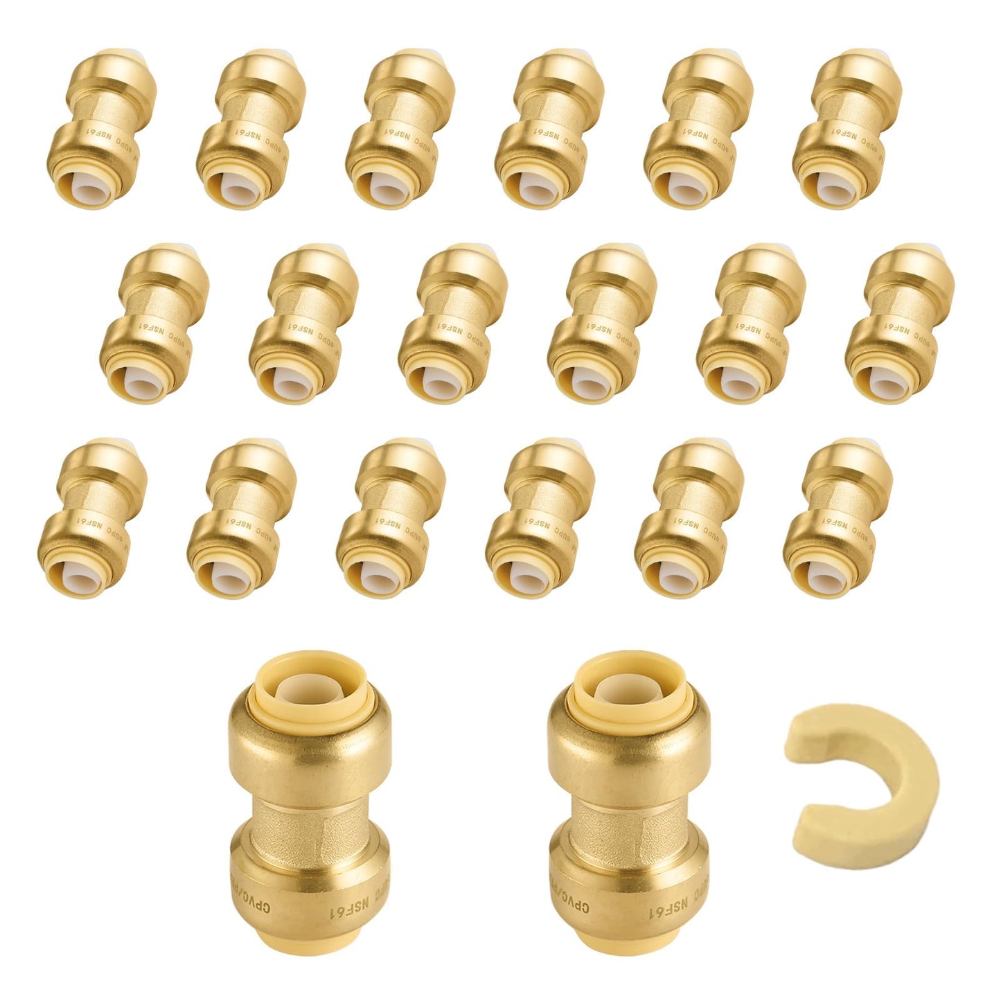 5-Pack Niikappu Push Fit Fittings, 3/4" x 3/4" Brass Plumbing Fittings to Connect PEX, Copper, CPVC, Brass Straight Coupling With Disconnect Clip(PF008-5Pack)