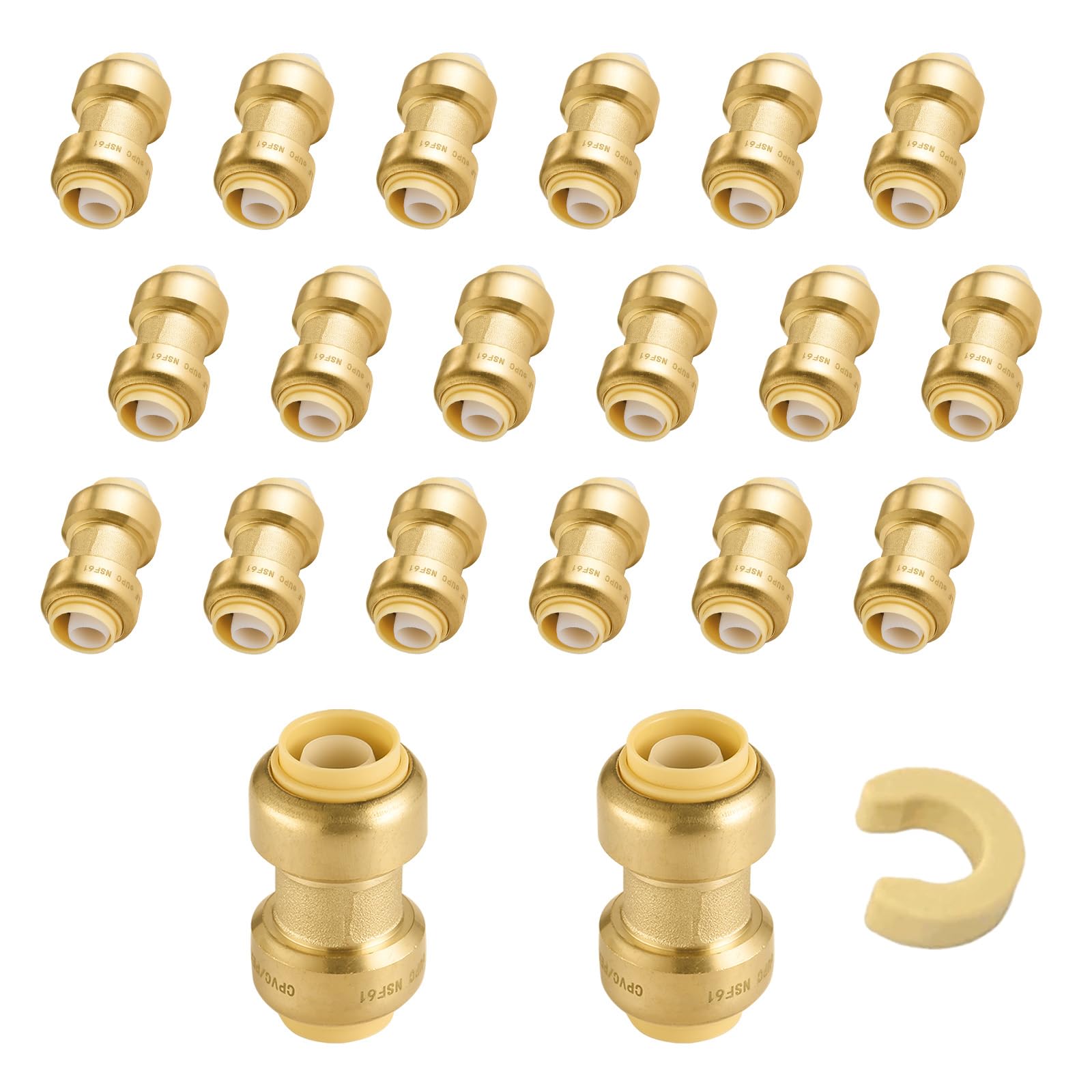 5-Pack Niikappu Push Fit Fittings, 3/4" x 3/4" Brass Plumbing Fittings to Connect PEX, Copper, CPVC, Brass Straight Coupling With Disconnect Clip(PF008-5Pack)