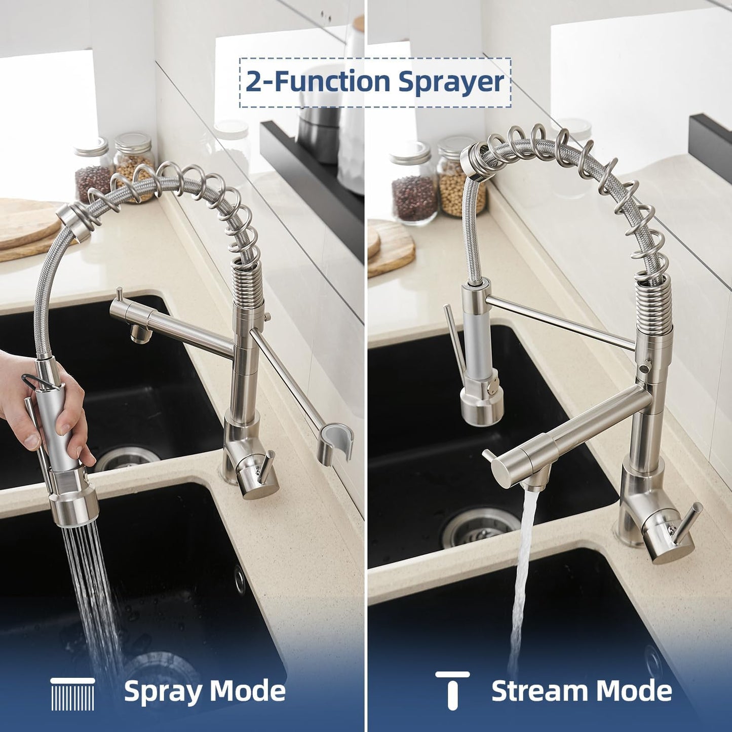 OWOFAN Kitchen Sink Faucet with Pull Down Sprayer, Contemporary Stainless Steel Single Handle Spring Kitchen Faucets Two Outlet with Deck Plate Brushed Nickel